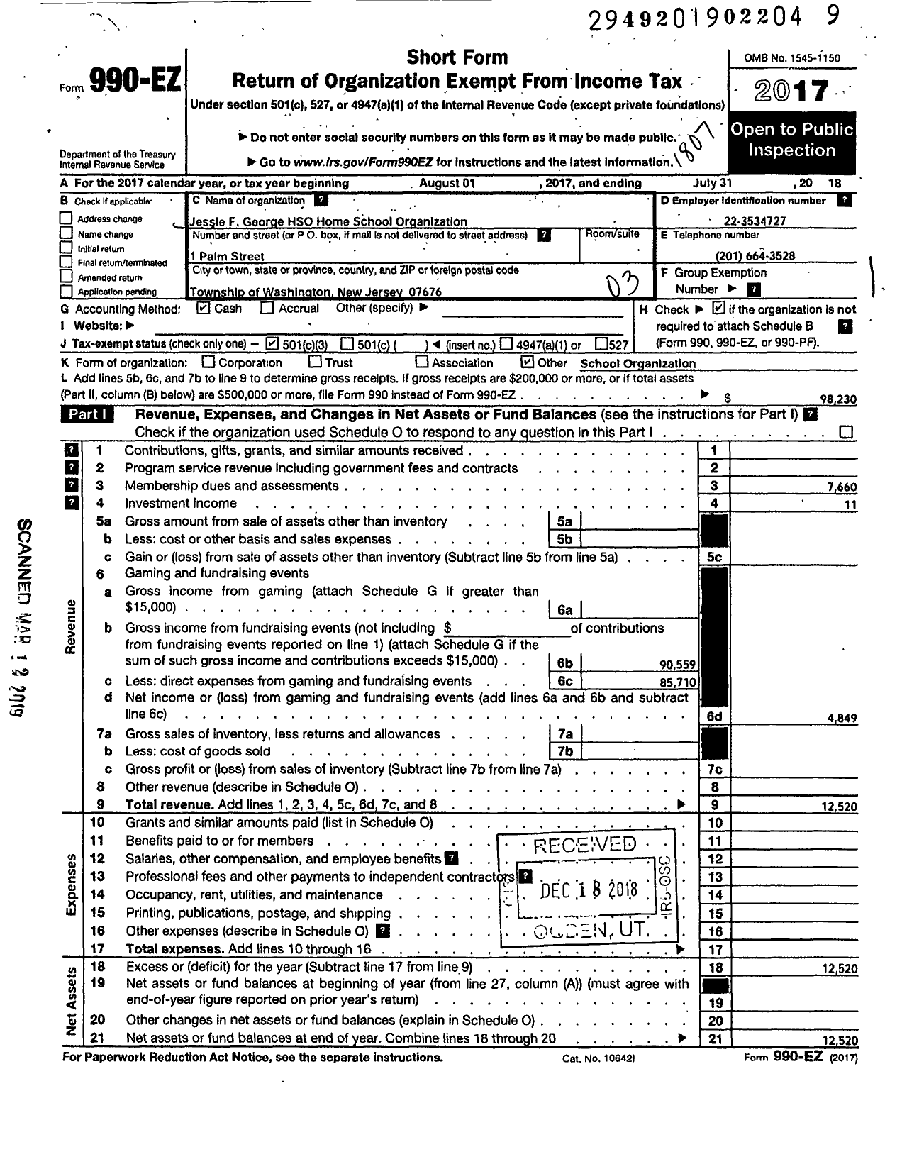 Image of first page of 2017 Form 990EZ for Jessie F George H S O-Home School Organ