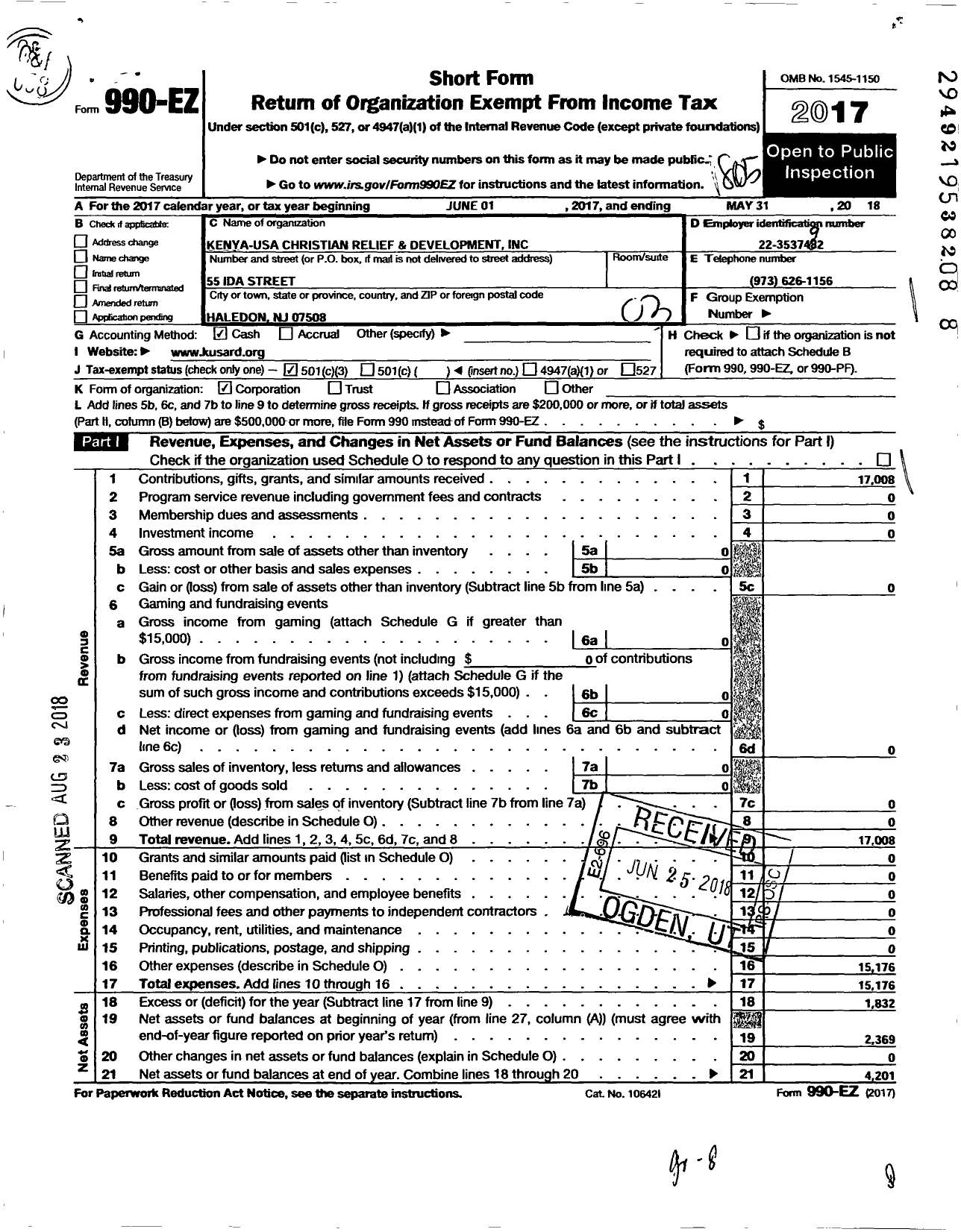 Image of first page of 2017 Form 990EZ for Kenya USA Christian Relief and Development