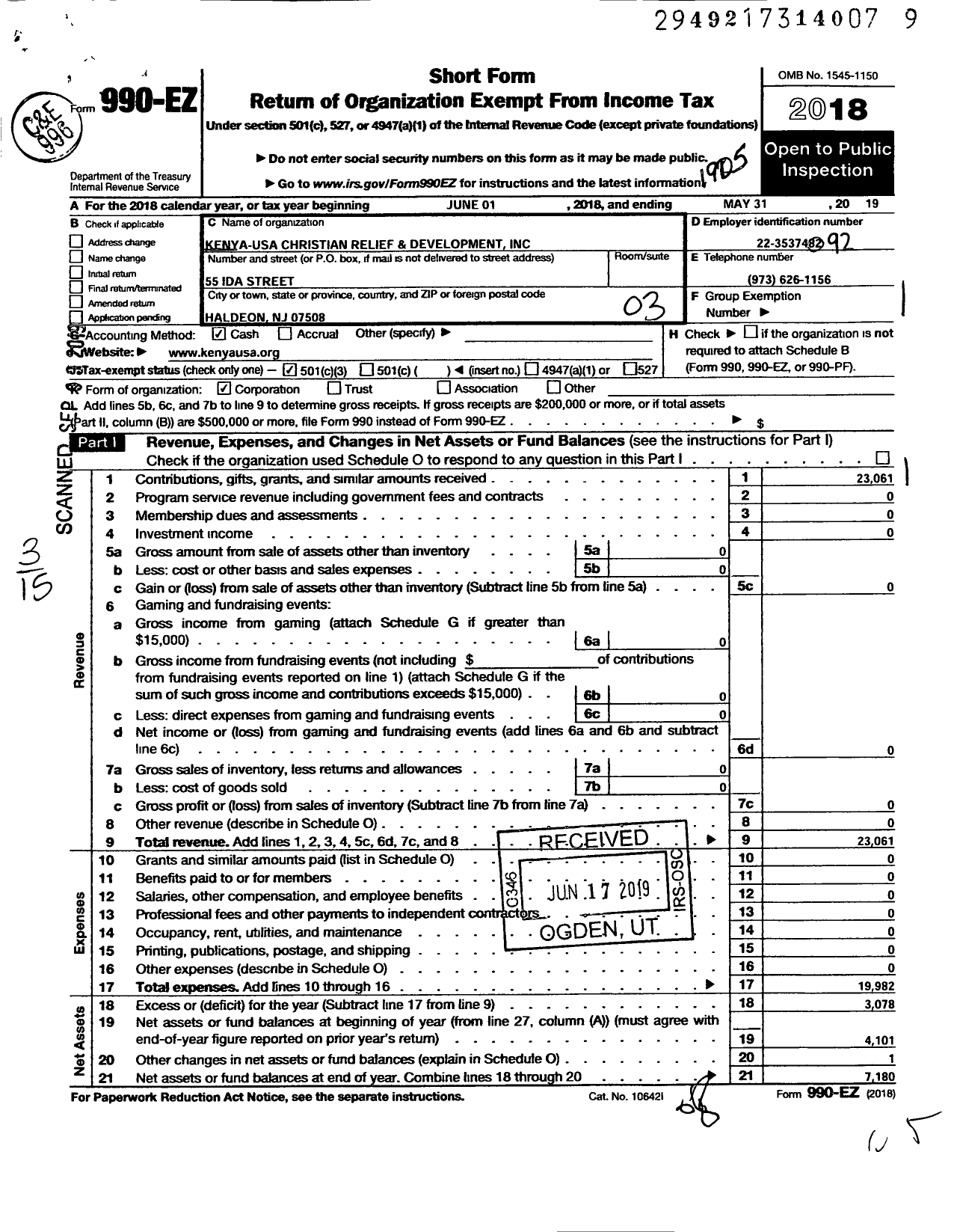 Image of first page of 2018 Form 990EZ for Kenya USA Christian Relief and Development