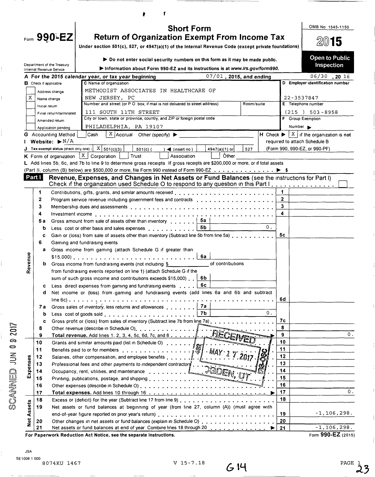 Image of first page of 2015 Form 990EZ for Methodist Associates in Healthcare