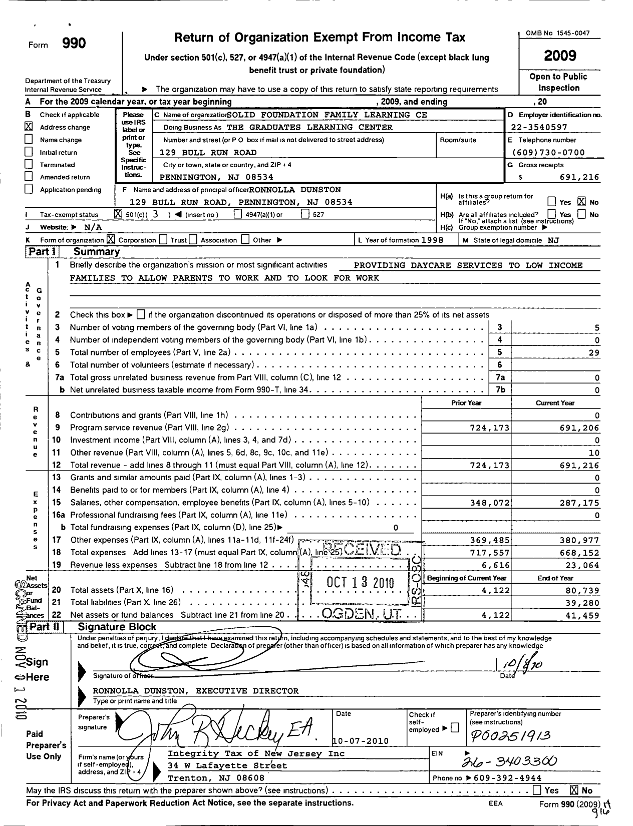 Image of first page of 2009 Form 990 for Solid Foundation Family Learning Center