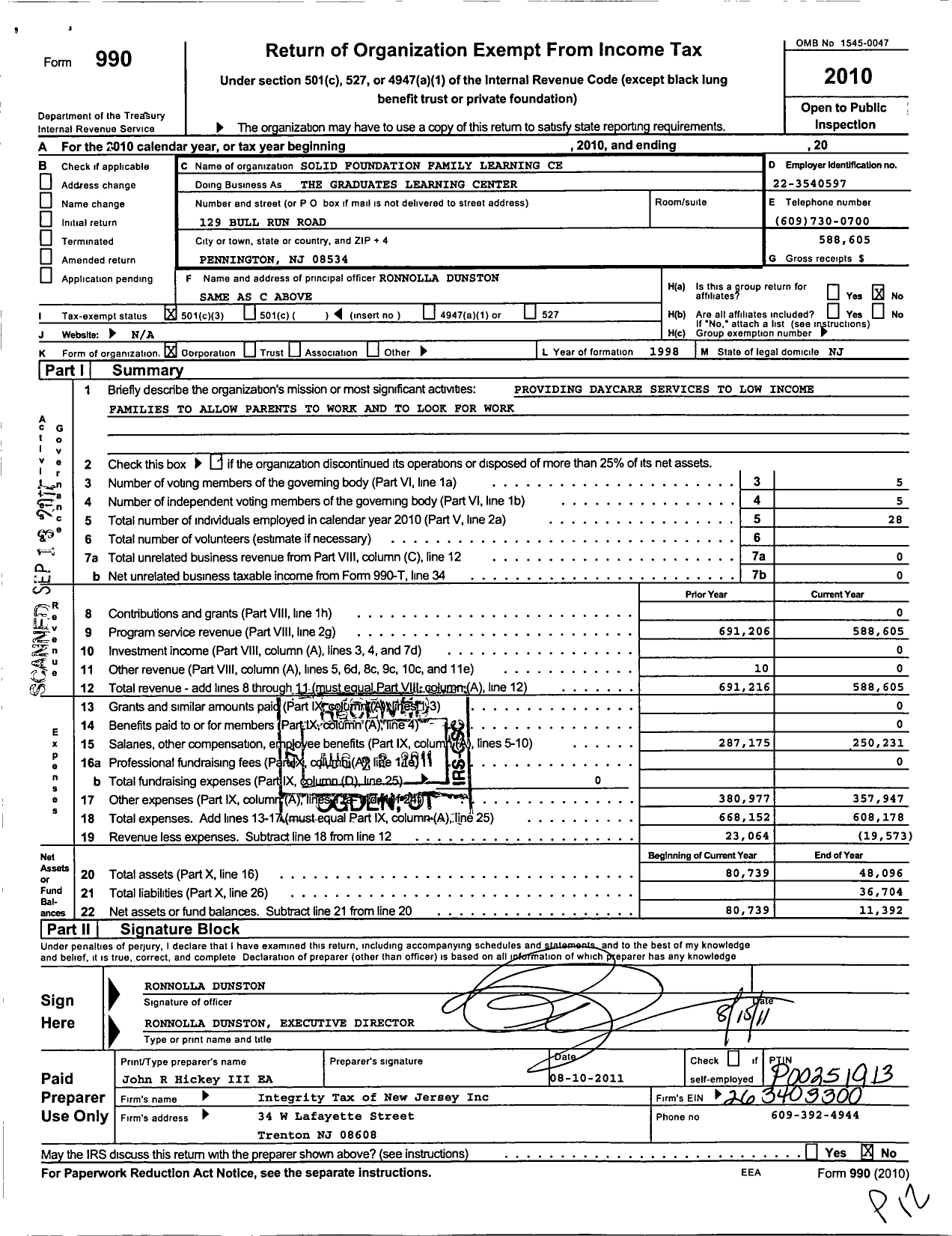 Image of first page of 2010 Form 990 for Solid Foundation Family Learning Center