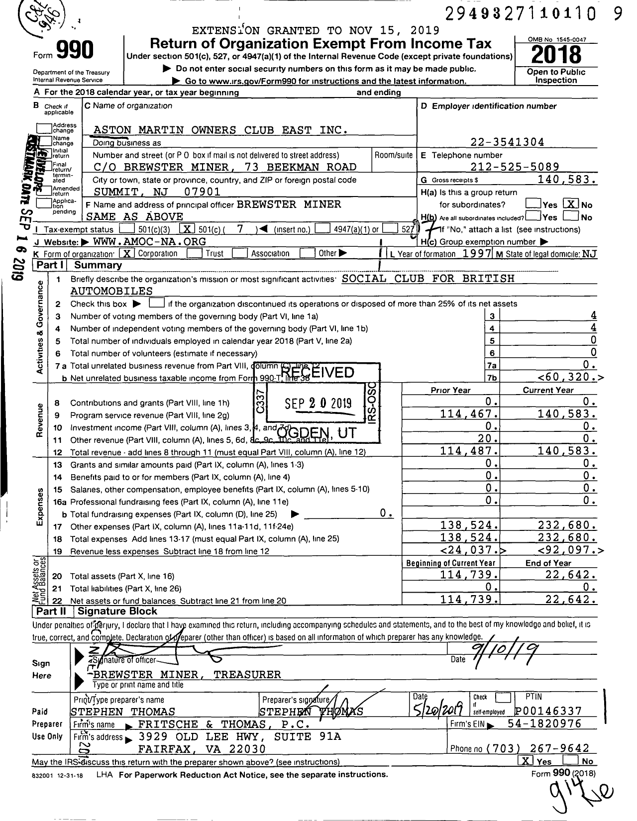 Image of first page of 2018 Form 990O for Aston Martin Owners Club East