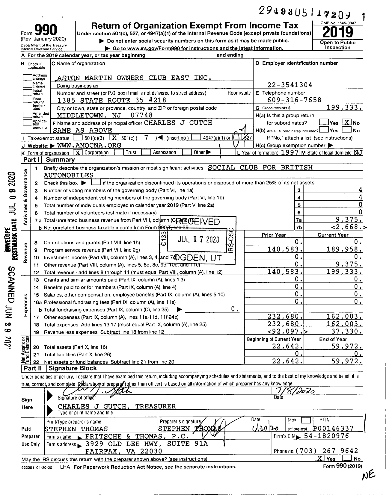 Image of first page of 2019 Form 990O for Aston Martin Owners Club East