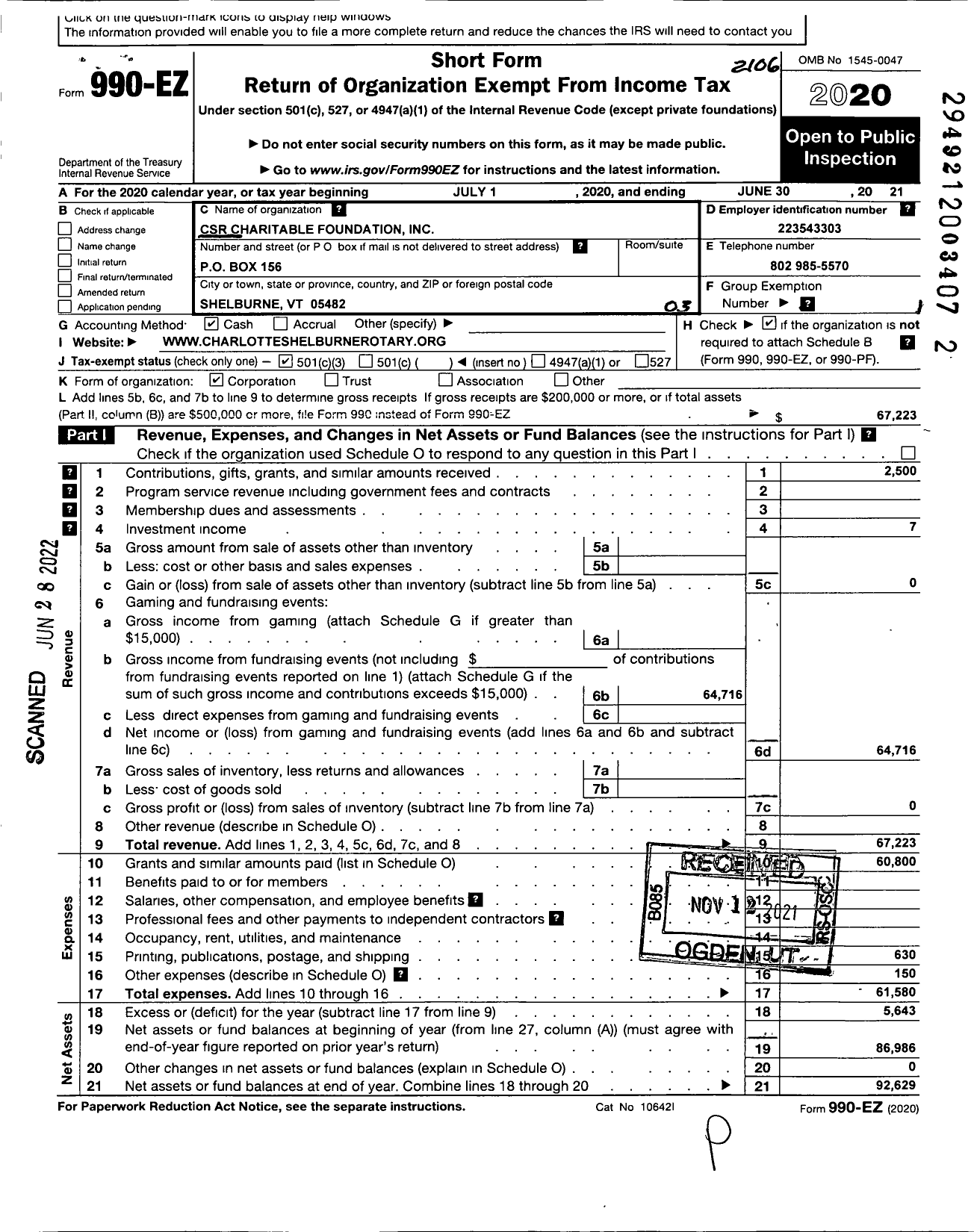 Image of first page of 2020 Form 990EZ for CSR Charitable Foundation