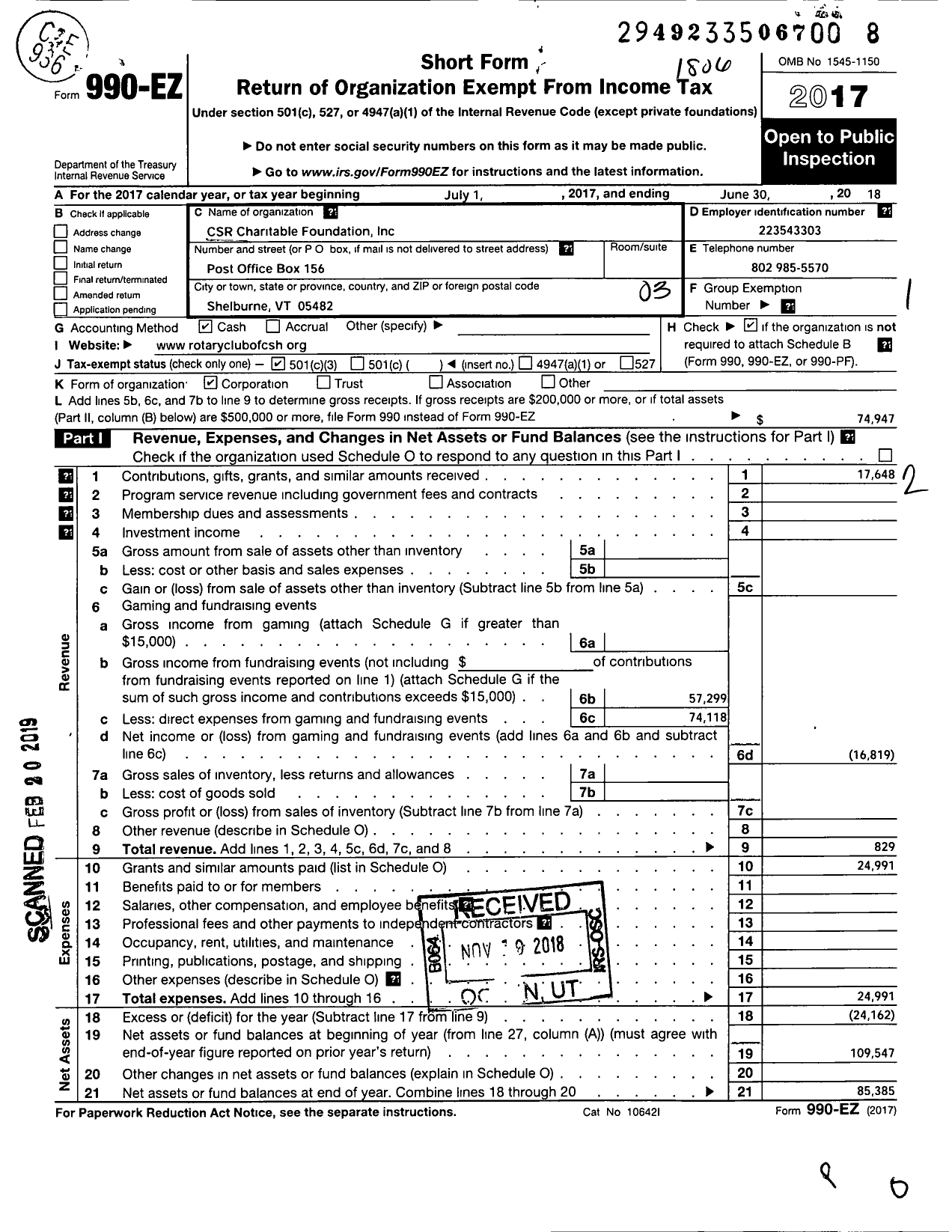Image of first page of 2017 Form 990EZ for CSR Charitable Foundation