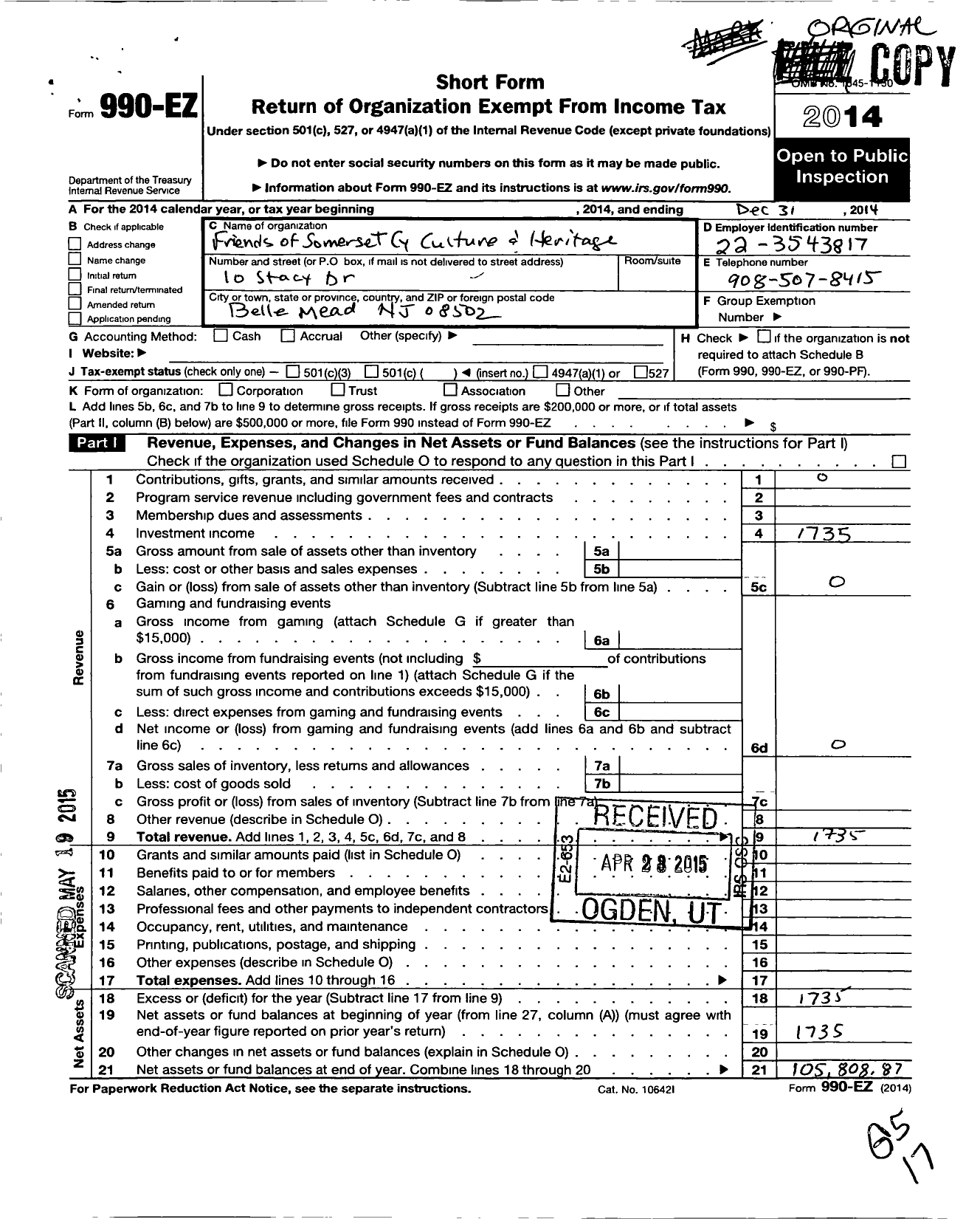 Image of first page of 2014 Form 990EO for Friends of Somerset County Culture and Heritage