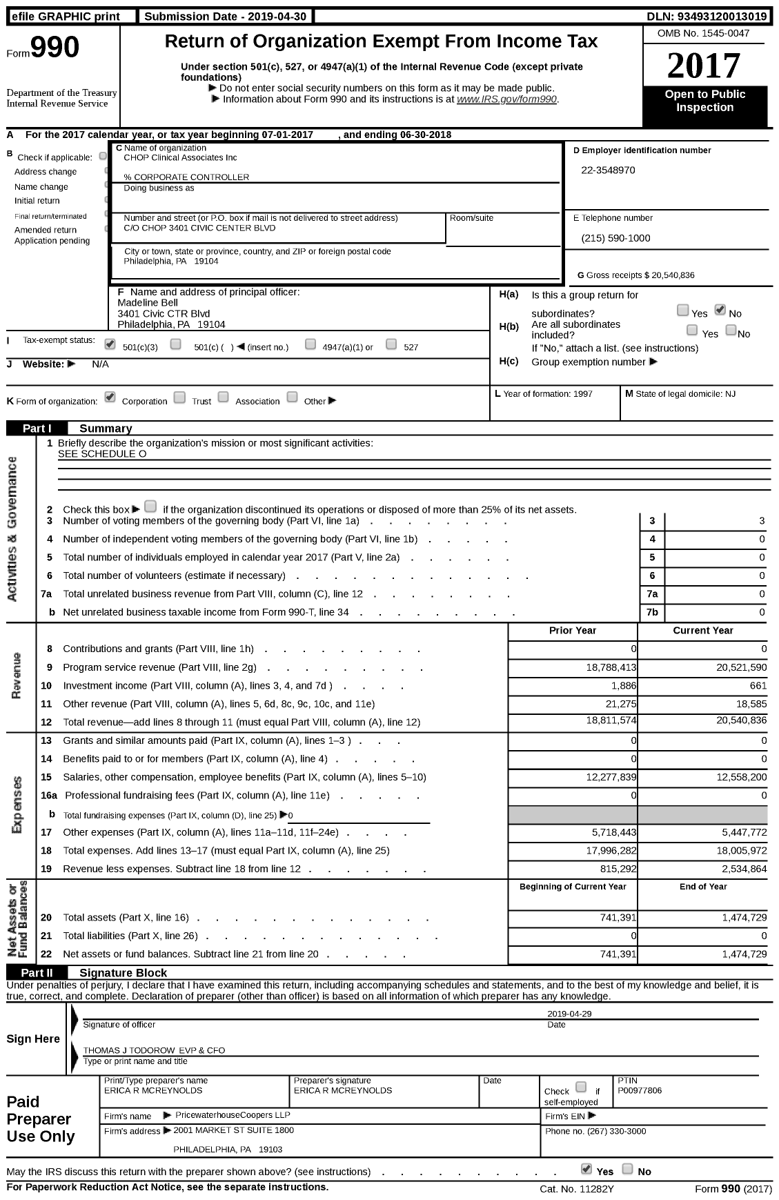 Image of first page of 2017 Form 990 for CHOP Clinical Associates (CHOP)