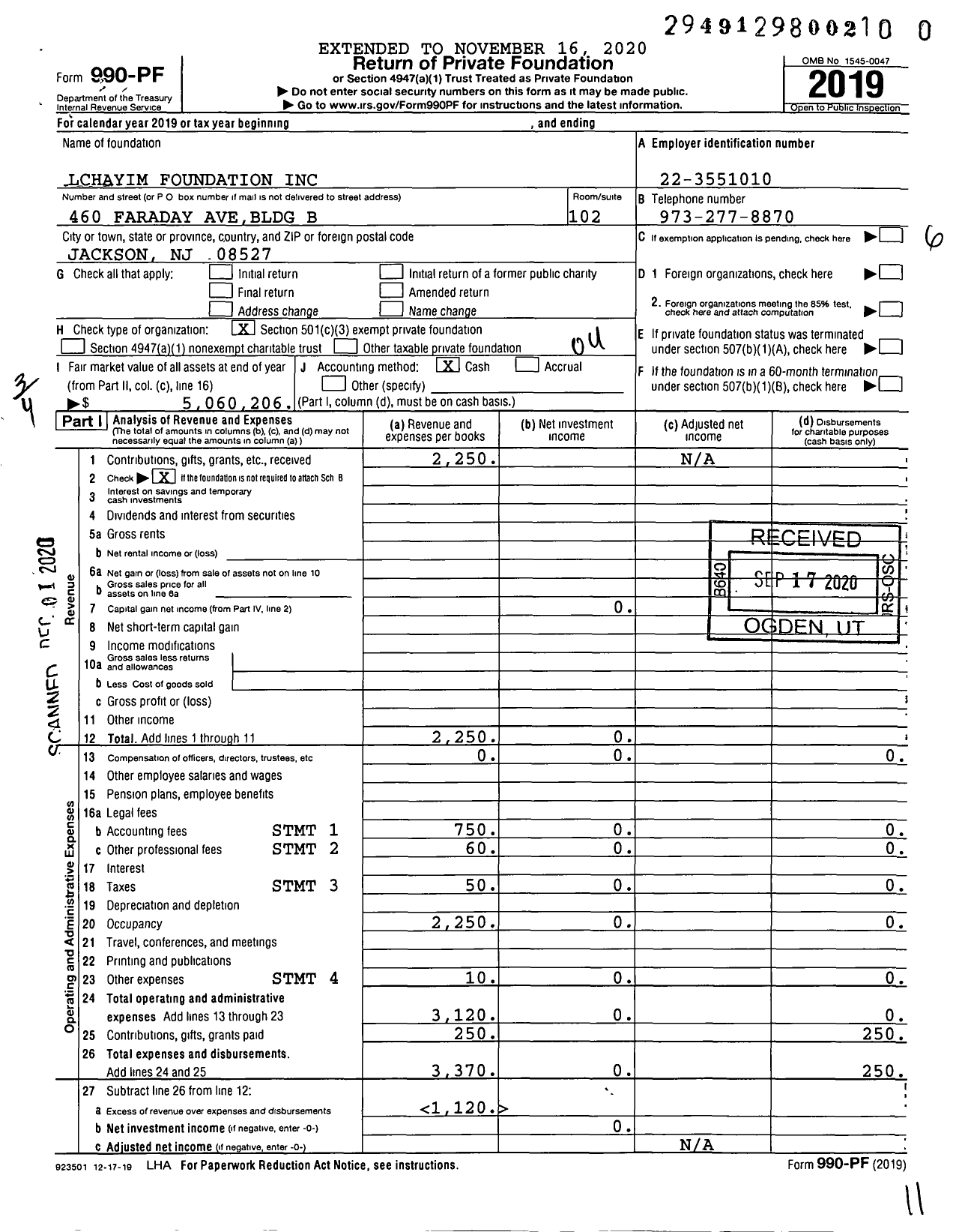 Image of first page of 2019 Form 990PF for Lchayim Foundation