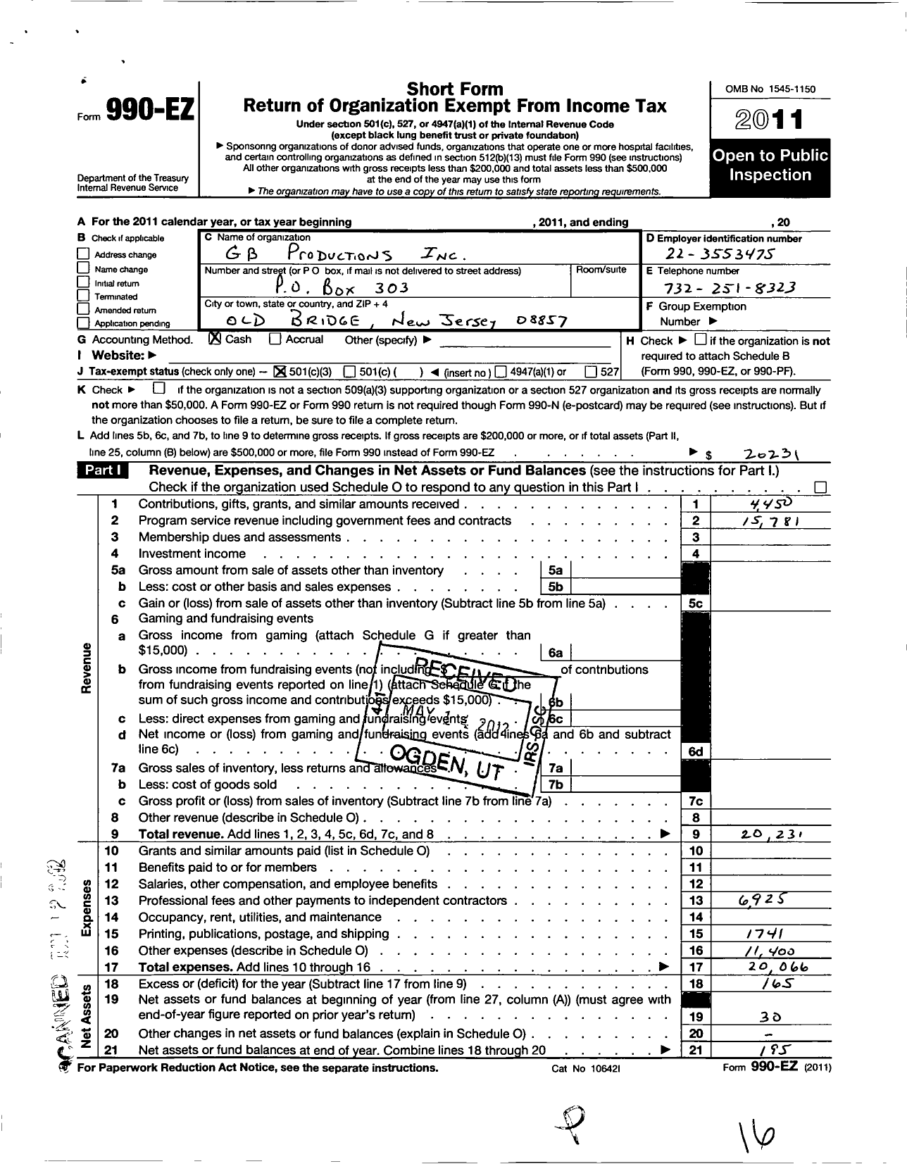 Image of first page of 2011 Form 990EZ for G B Productions