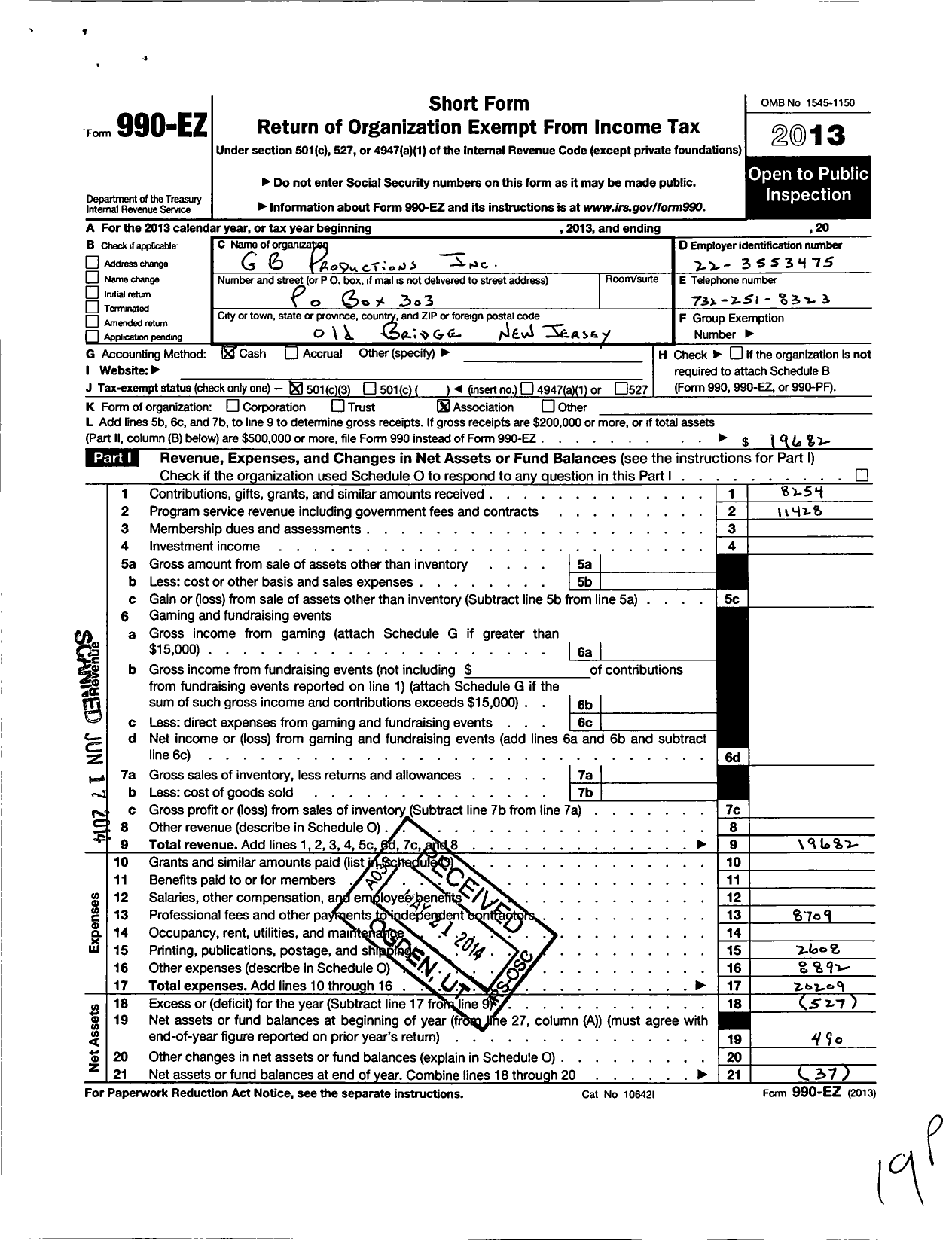 Image of first page of 2013 Form 990EZ for G B Productions