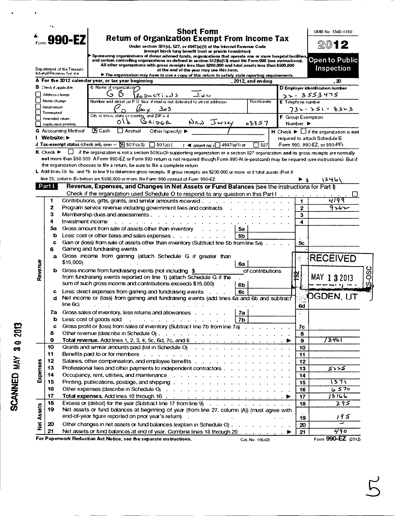 Image of first page of 2012 Form 990EZ for G B Productions