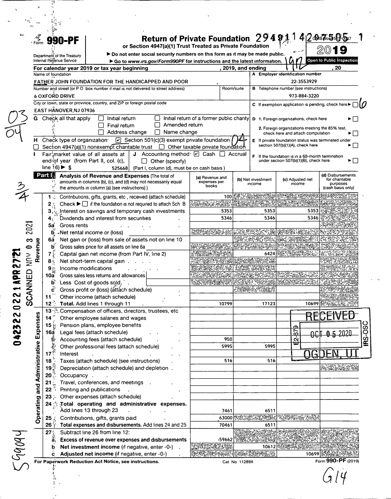 Image of first page of 2019 Form 990PF for Father John Foundation