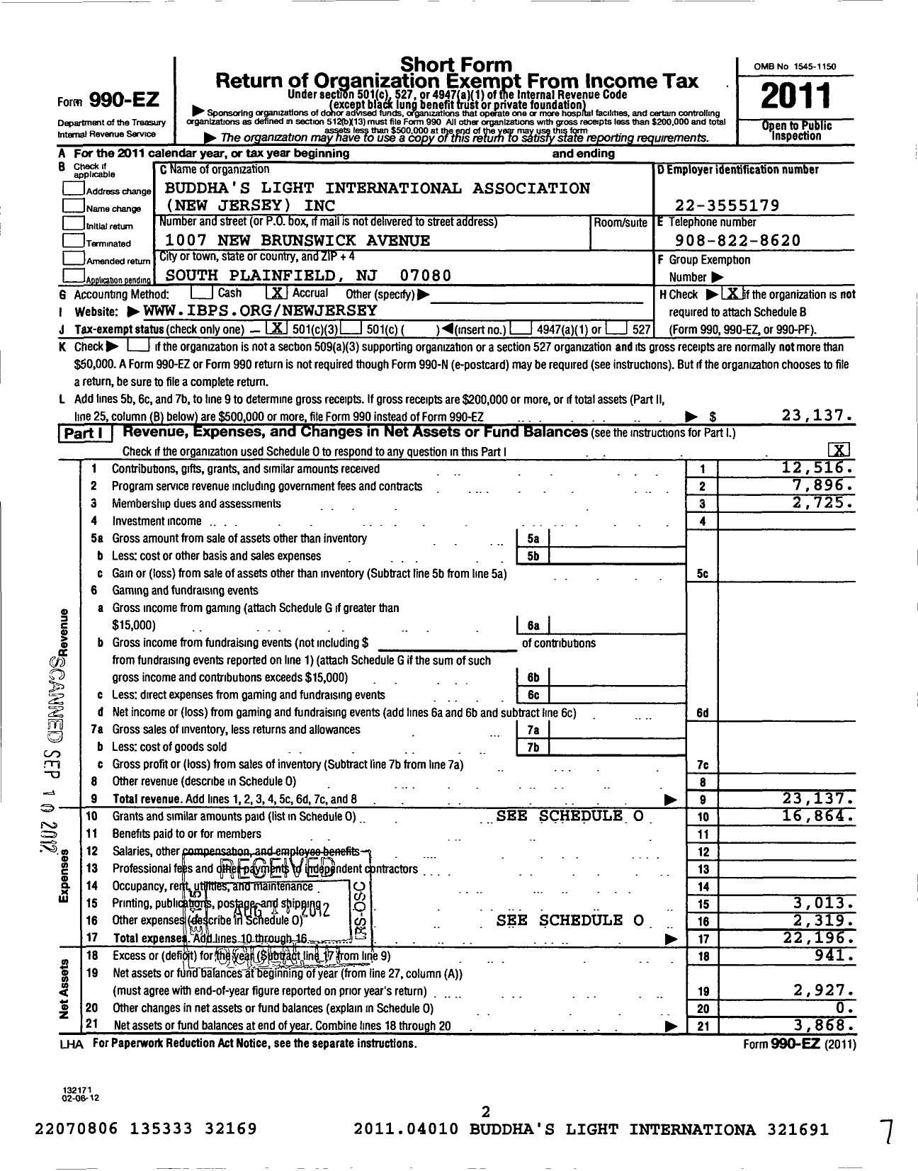 Image of first page of 2011 Form 990EZ for Buddhas Light International Association tion