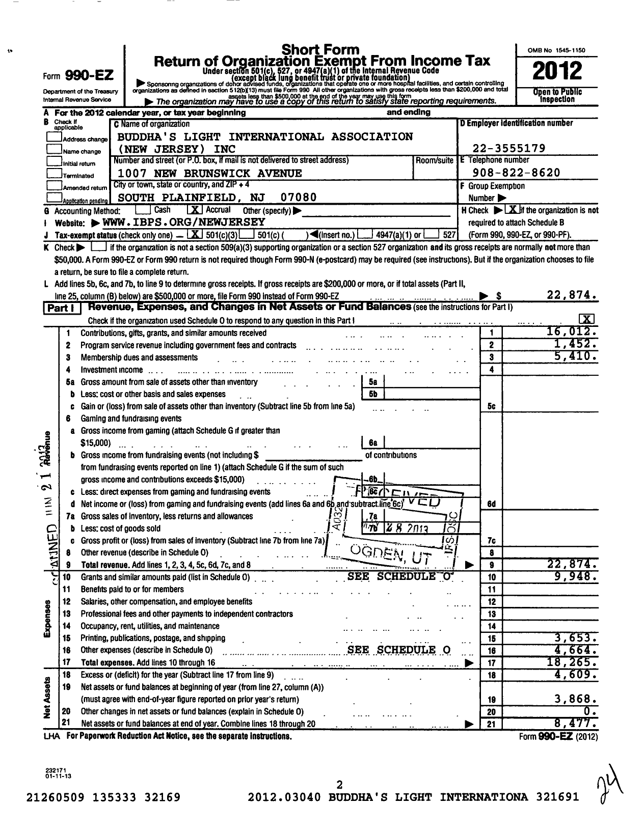 Image of first page of 2012 Form 990EZ for Buddhas Light International Association tion