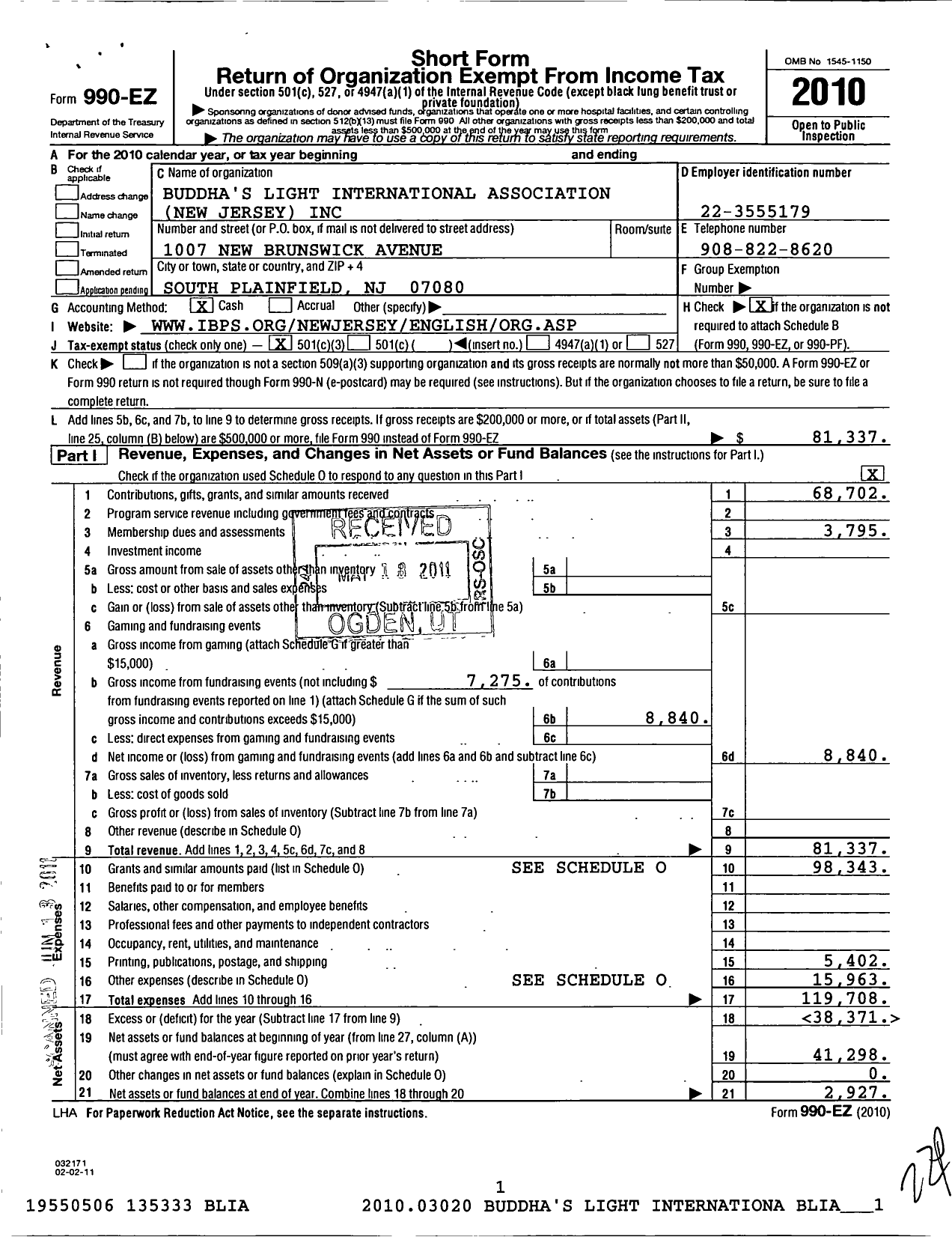 Image of first page of 2010 Form 990EZ for Buddhas Light International Association tion