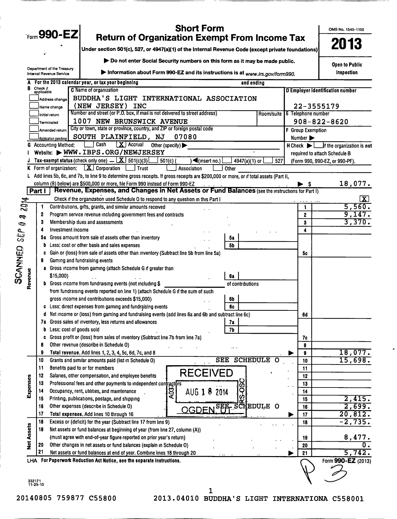 Image of first page of 2013 Form 990EZ for Buddhas Light International Association tion