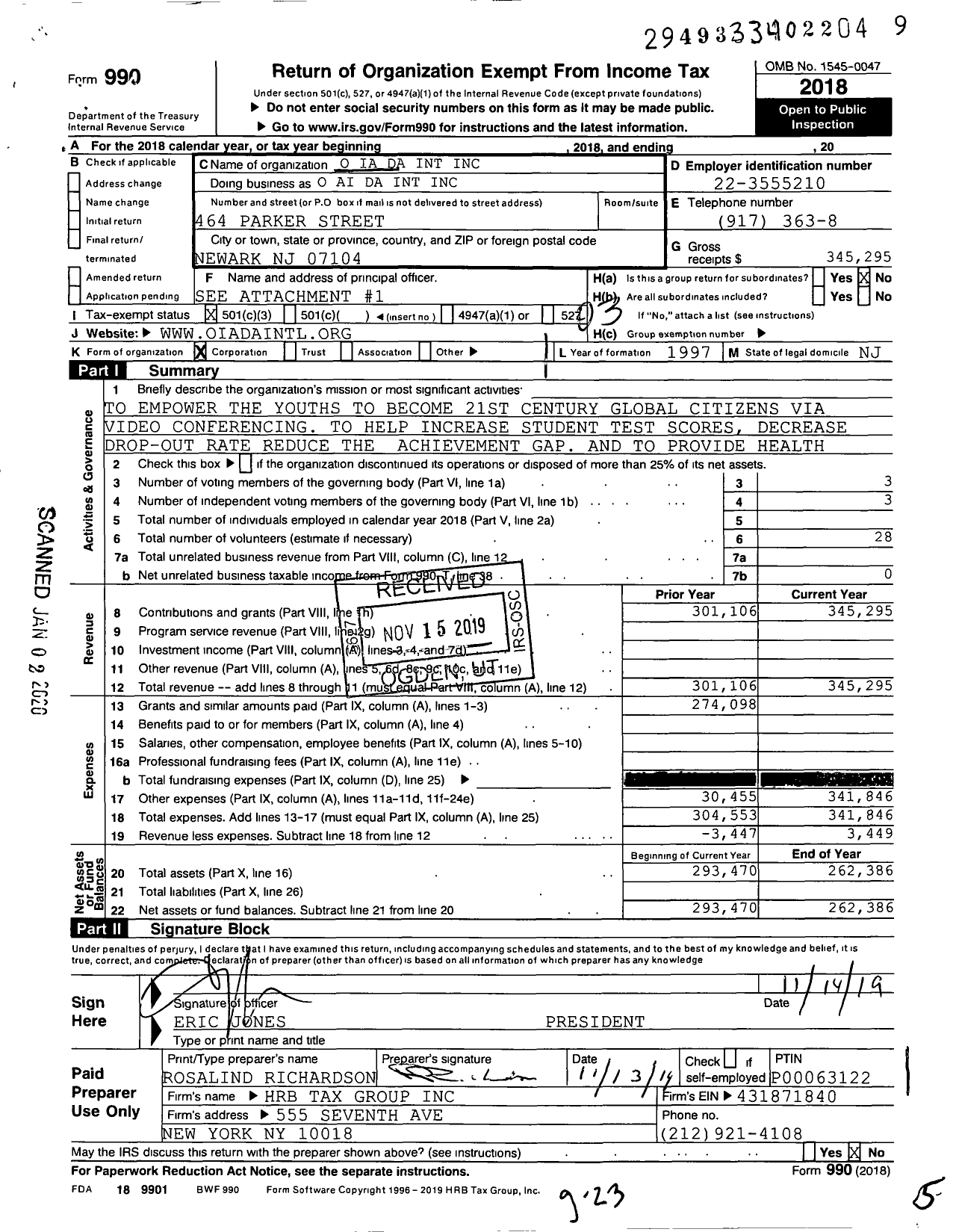 Image of first page of 2018 Form 990 for O-Ia-Da International