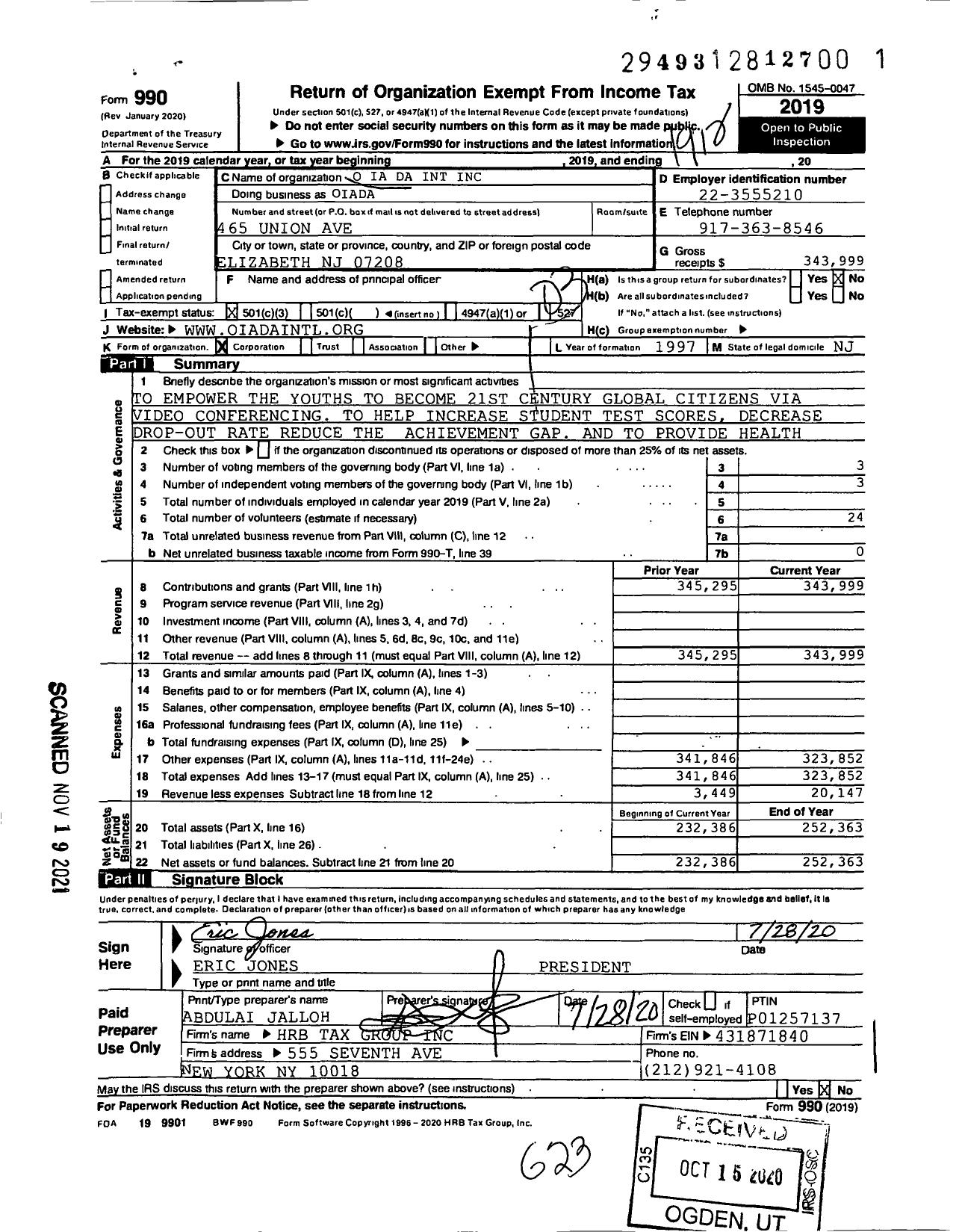 Image of first page of 2019 Form 990 for O-Ia-Da International