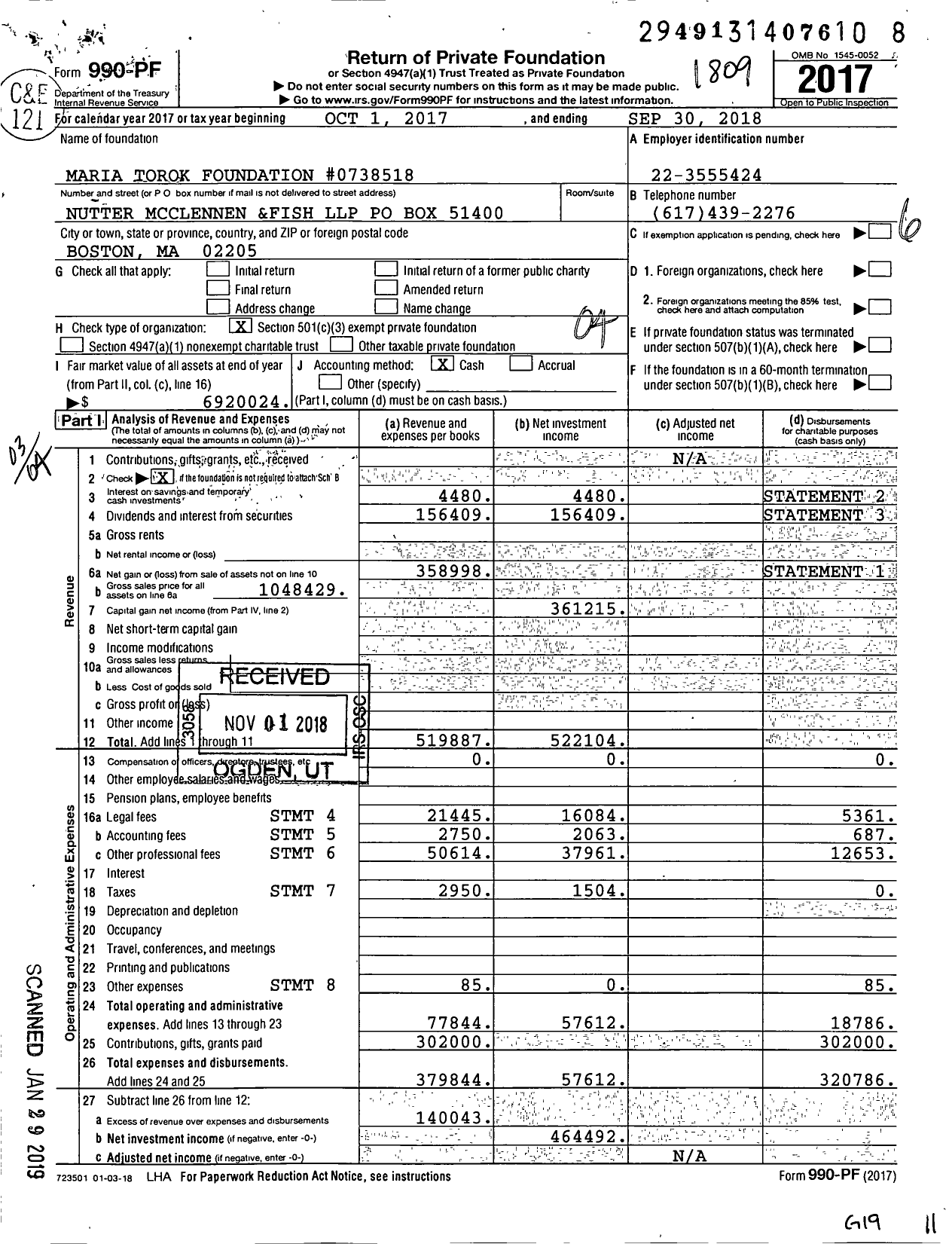 Image of first page of 2017 Form 990PF for Maria Torok Foundation #0738518