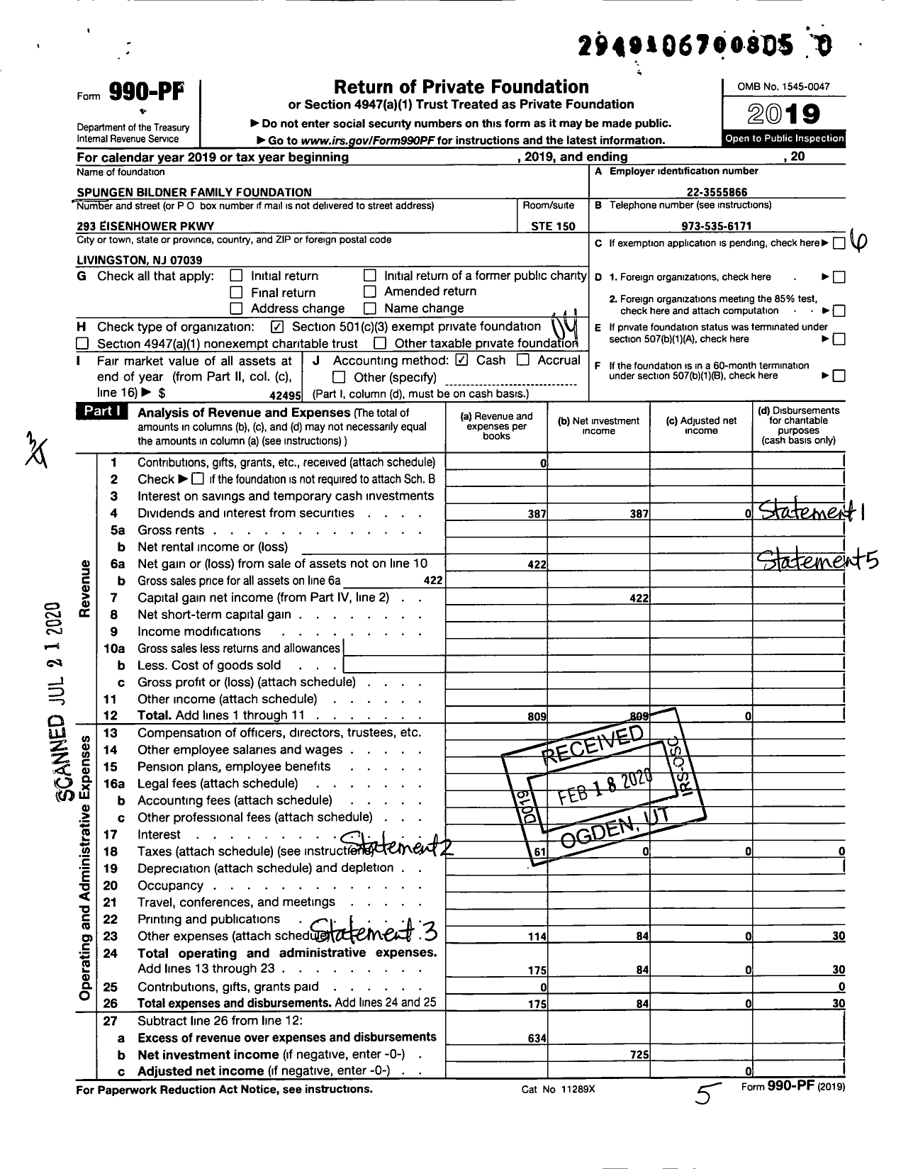 Image of first page of 2019 Form 990PR for Spungen Bildner Family Foundation