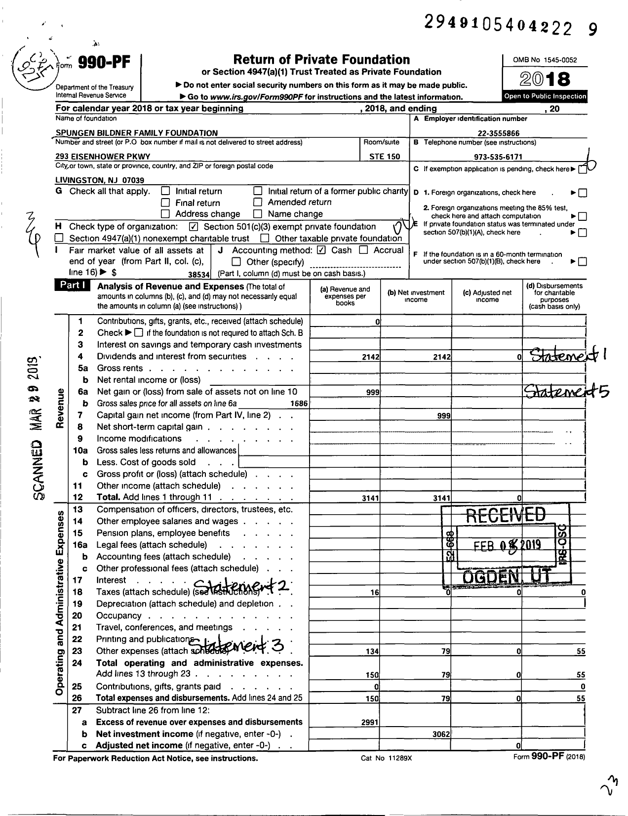 Image of first page of 2018 Form 990PF for Spungen Bildner Family Foundation