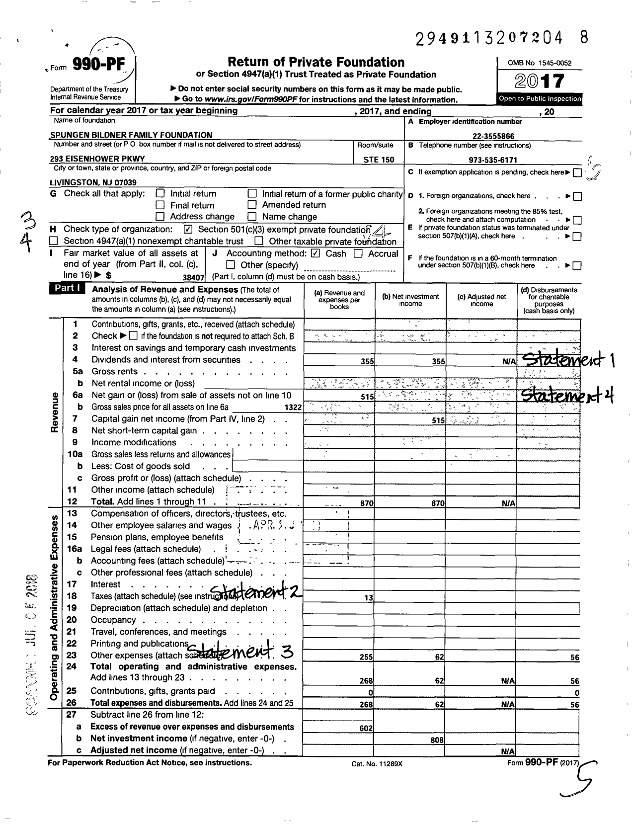 Image of first page of 2017 Form 990PF for Spungen Bildner Family Foundation