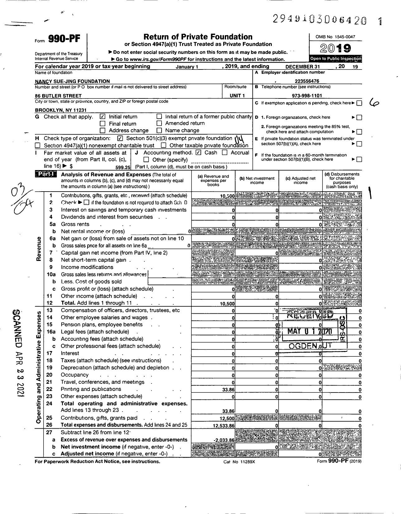 Image of first page of 2019 Form 990PF for Nancy Sue-Jing Foundation