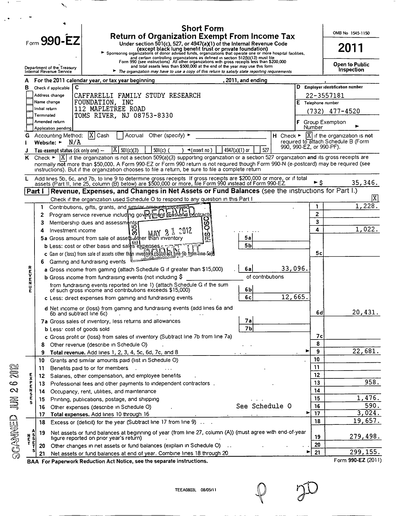 Image of first page of 2011 Form 990EZ for Caffarelli Family Study Research Foundation