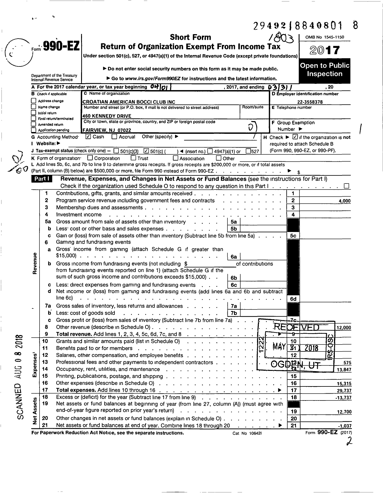 Image of first page of 2017 Form 990EO for Croation American Bocci Club