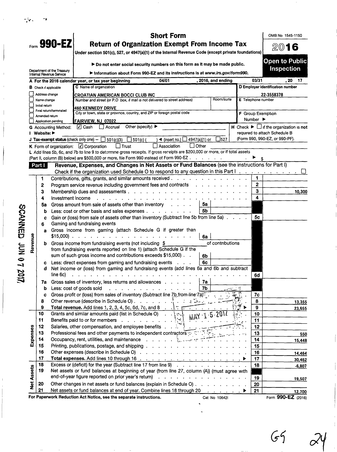 Image of first page of 2016 Form 990EO for Croation American Bocci Club