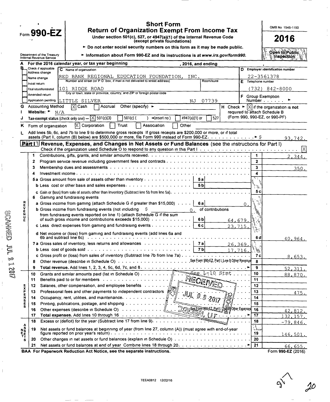 Image of first page of 2016 Form 990EZ for Red Bank Regional Education Foundation