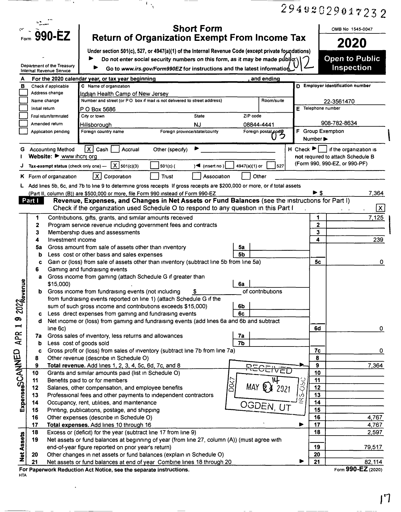 Image of first page of 2020 Form 990EZ for Health Camp of New Jersey