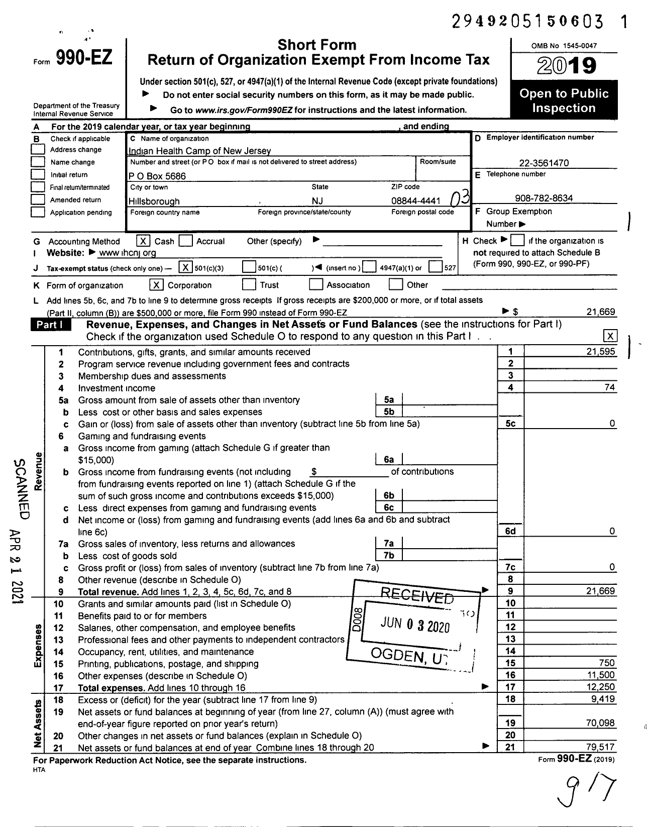 Image of first page of 2019 Form 990EZ for Health Camp of New Jersey