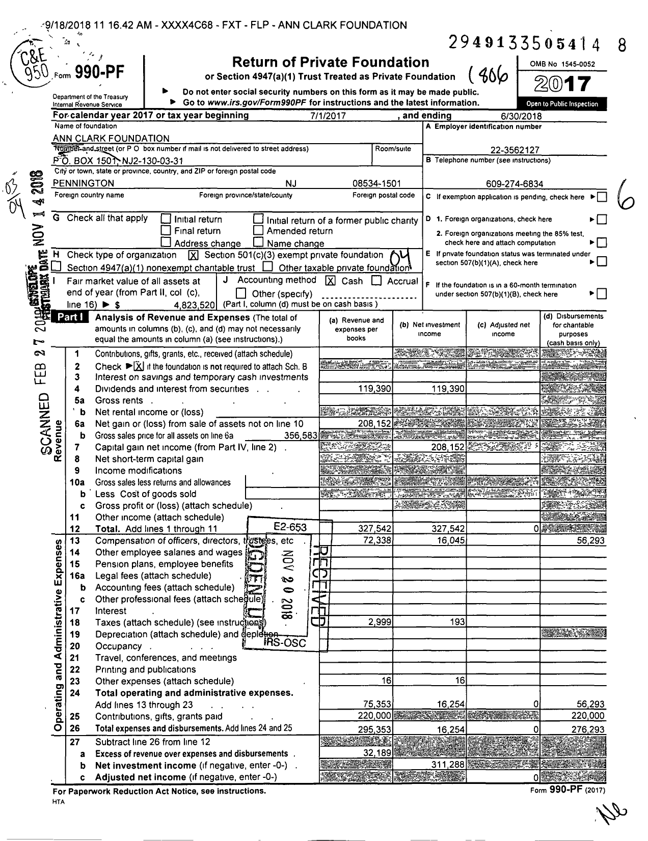 Image of first page of 2017 Form 990PF for Ann Clark Foundation