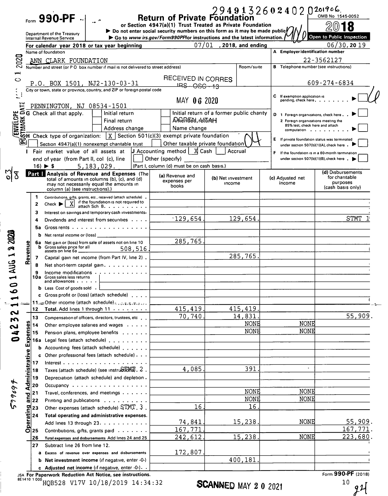 Image of first page of 2018 Form 990PF for Ann Clark Foundation