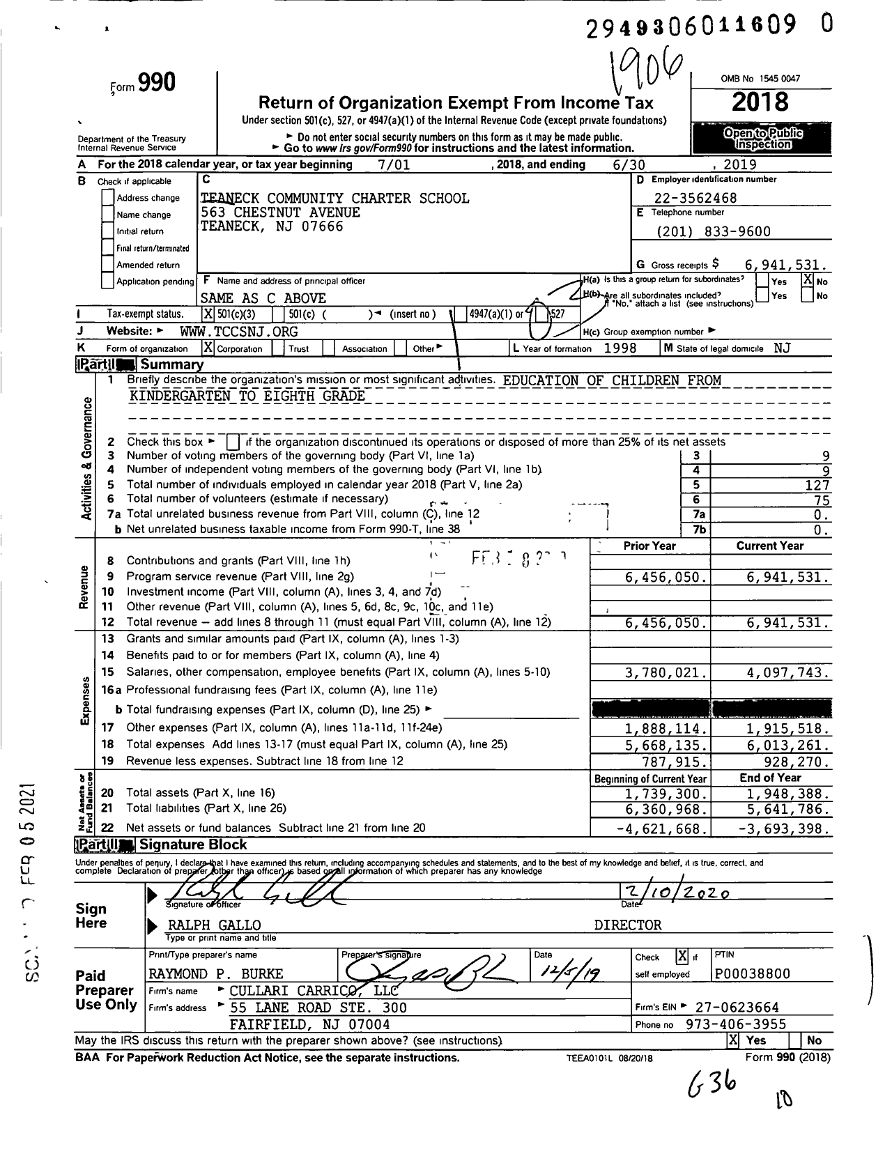 Image of first page of 2018 Form 990 for Teaneck Community Charter School (TCCS)