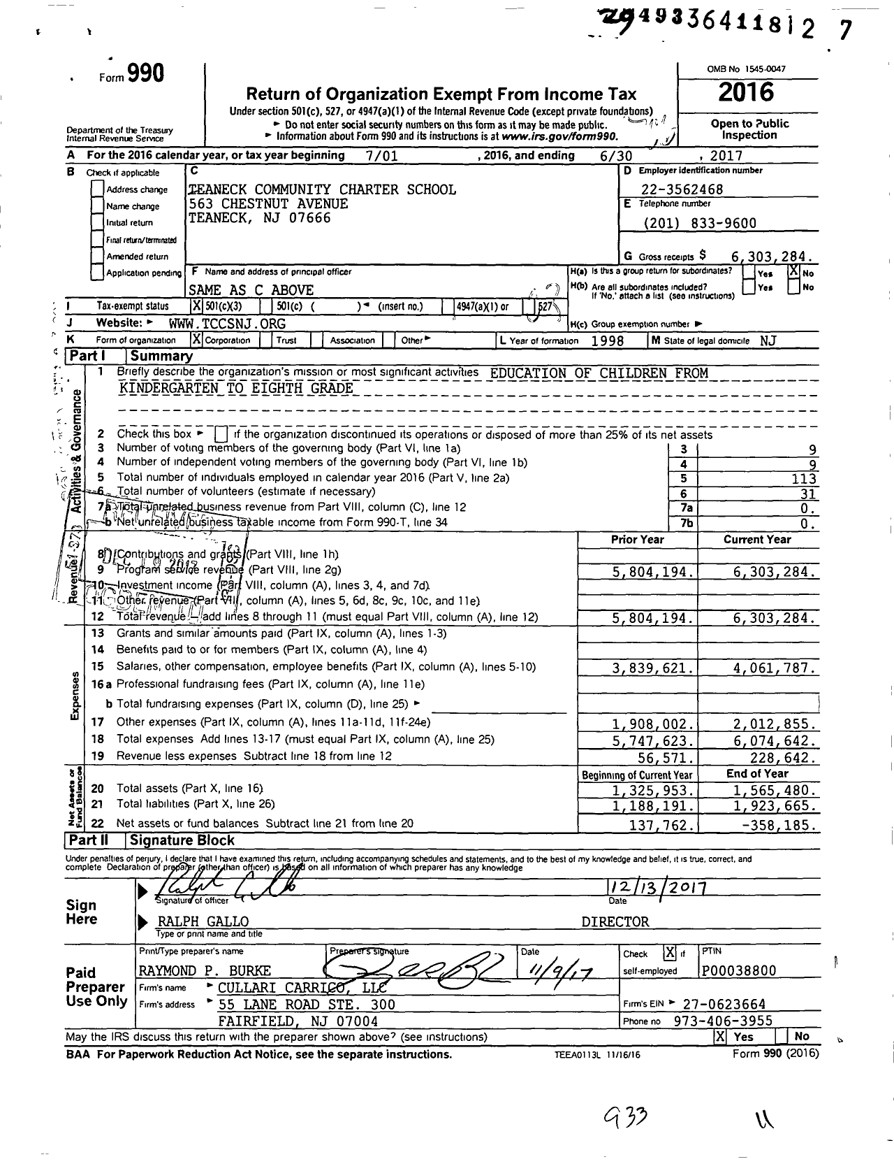 Image of first page of 2016 Form 990 for Teaneck Community Charter School (TCCS)