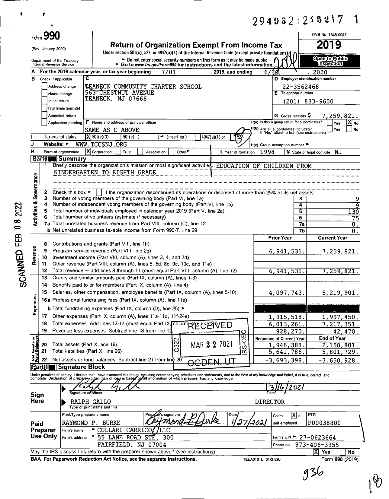 Image of first page of 2019 Form 990 for Teaneck Community Charter School (TCCS)