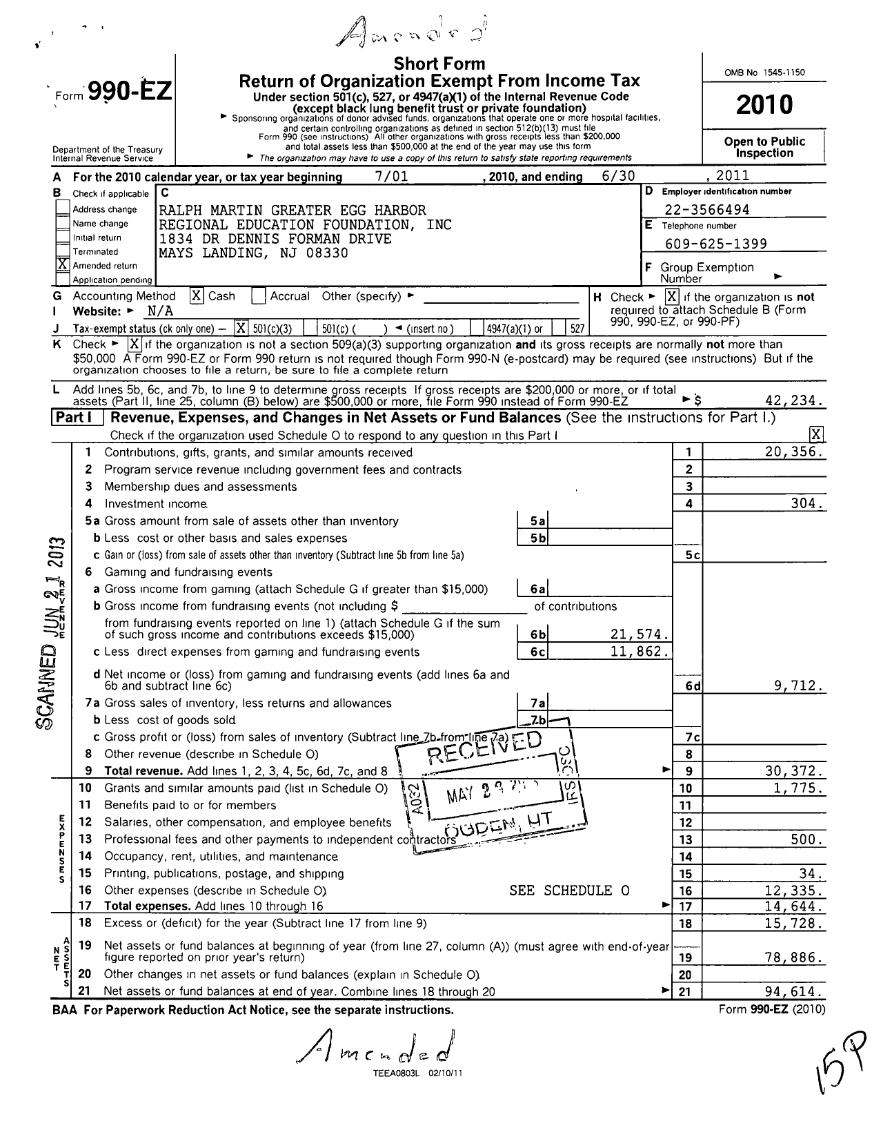 Image of first page of 2010 Form 990EZ for Ralph Martin Greater Egg Harbor Regional Education Foundation