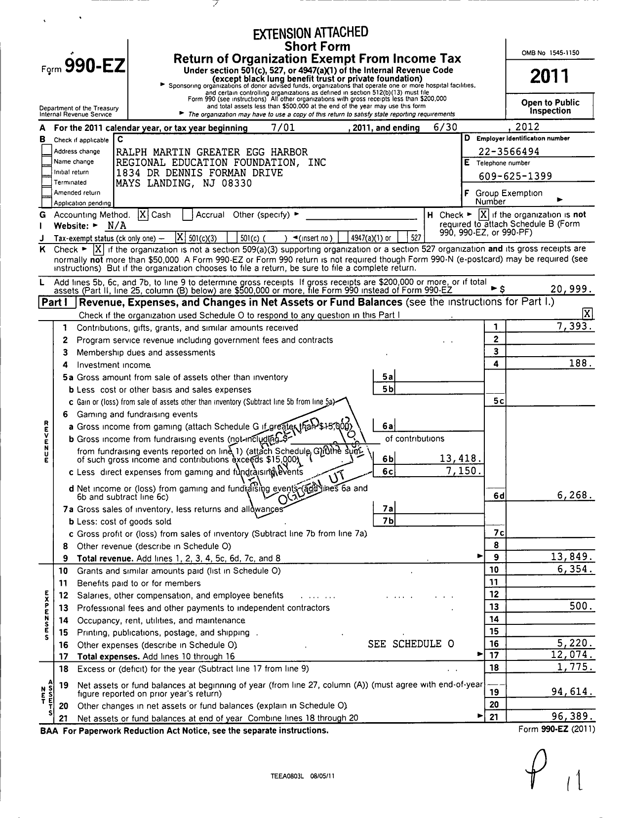 Image of first page of 2011 Form 990EZ for Ralph Martin Greater Egg Harbor Regional Education Foundation