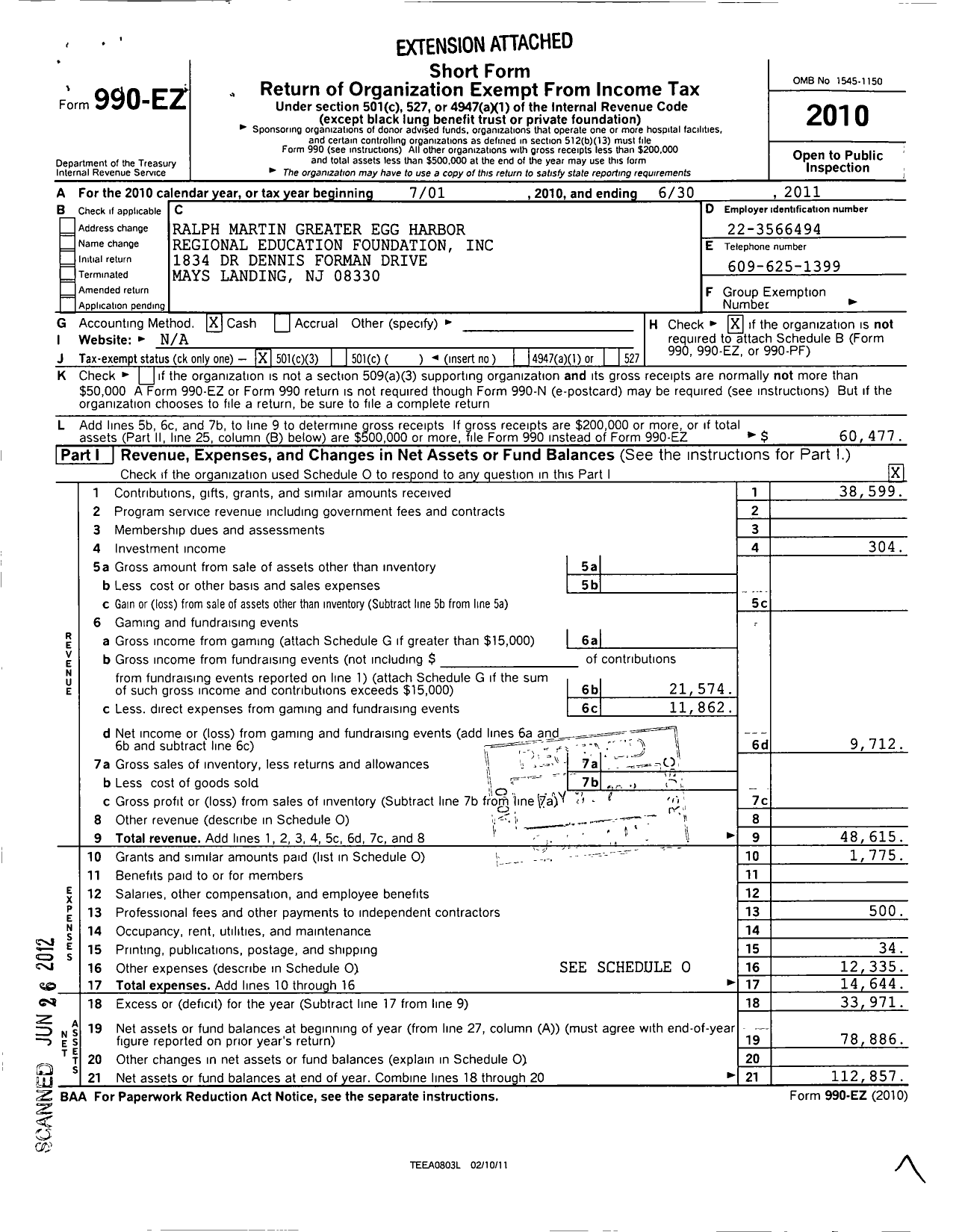 Image of first page of 2010 Form 990EZ for Ralph Martin Greater Egg Harbor Regional Education Foundation