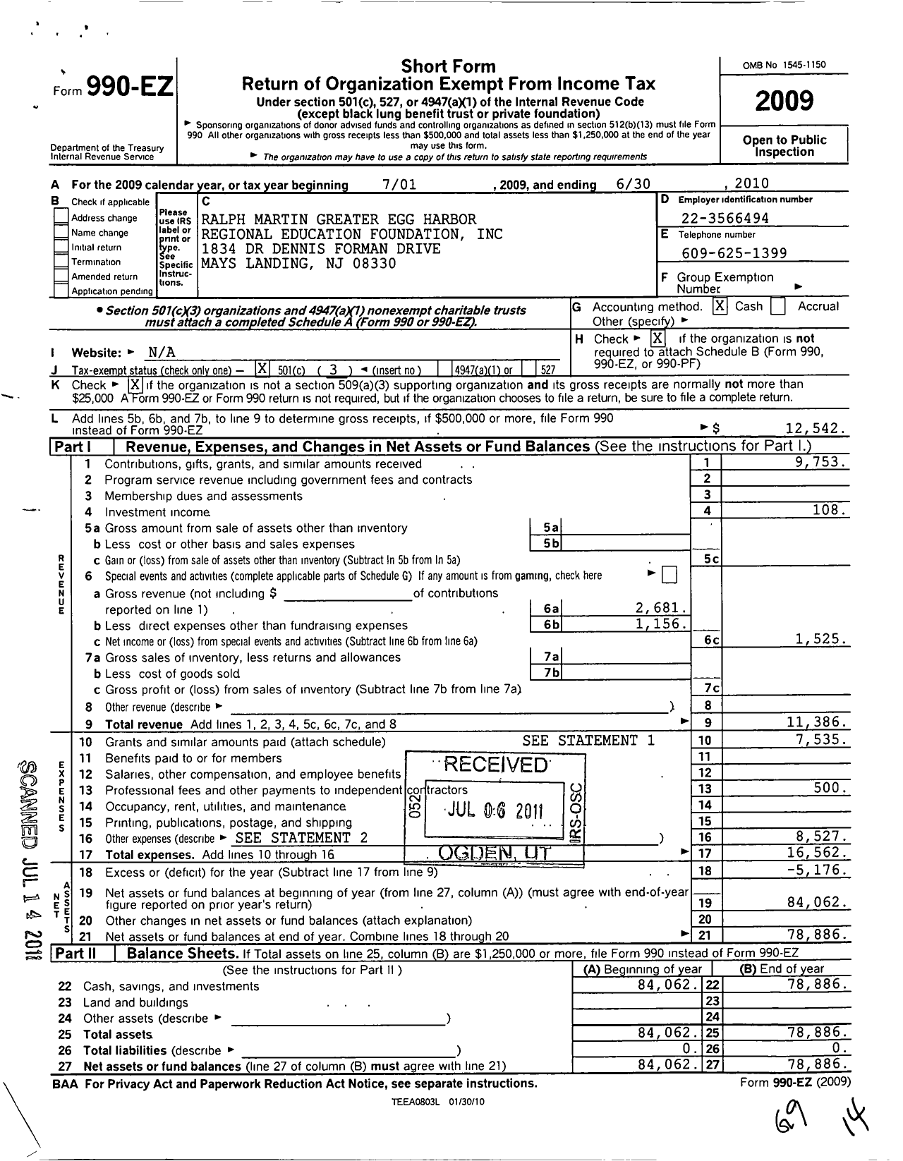 Image of first page of 2009 Form 990EZ for Ralph Martin Greater Egg Harbor Regional Education Foundation