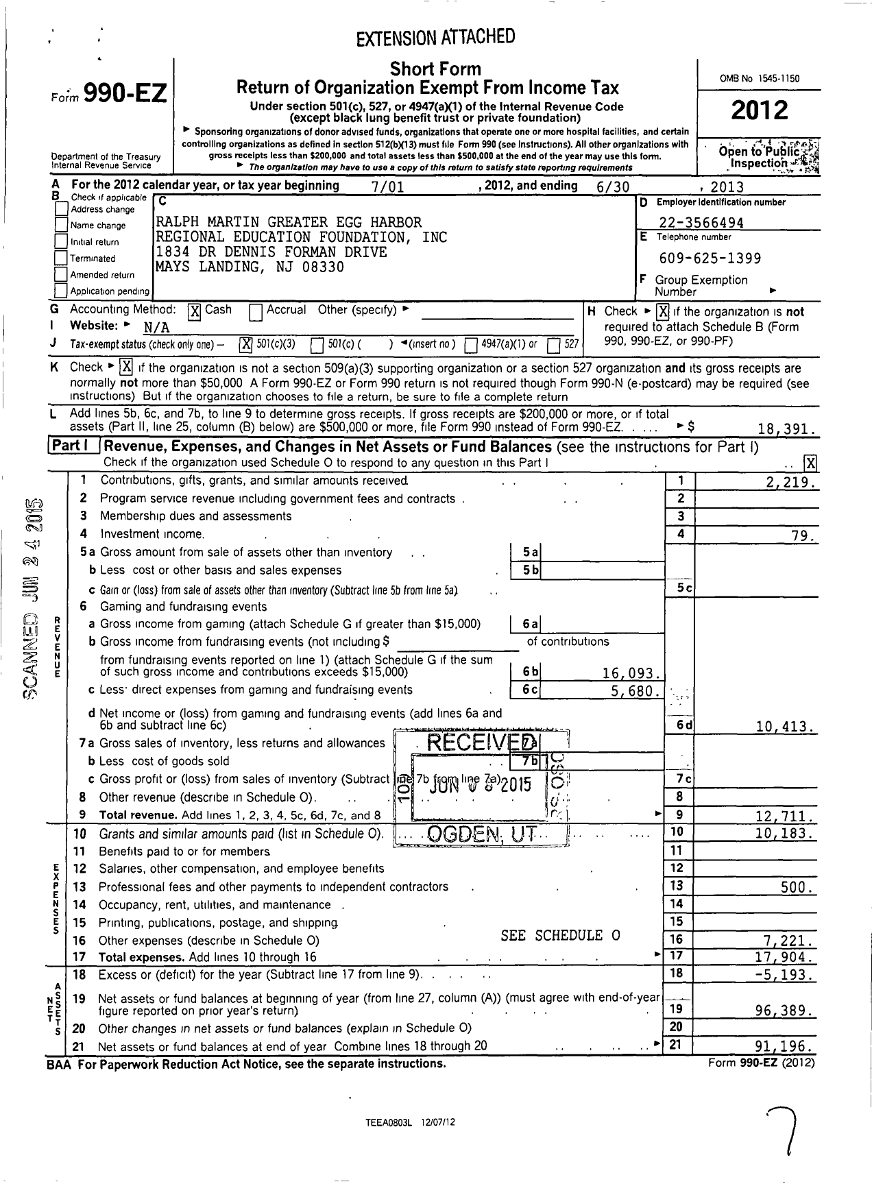 Image of first page of 2012 Form 990EZ for Ralph Martin Greater Egg Harbor Regional Education Foundation