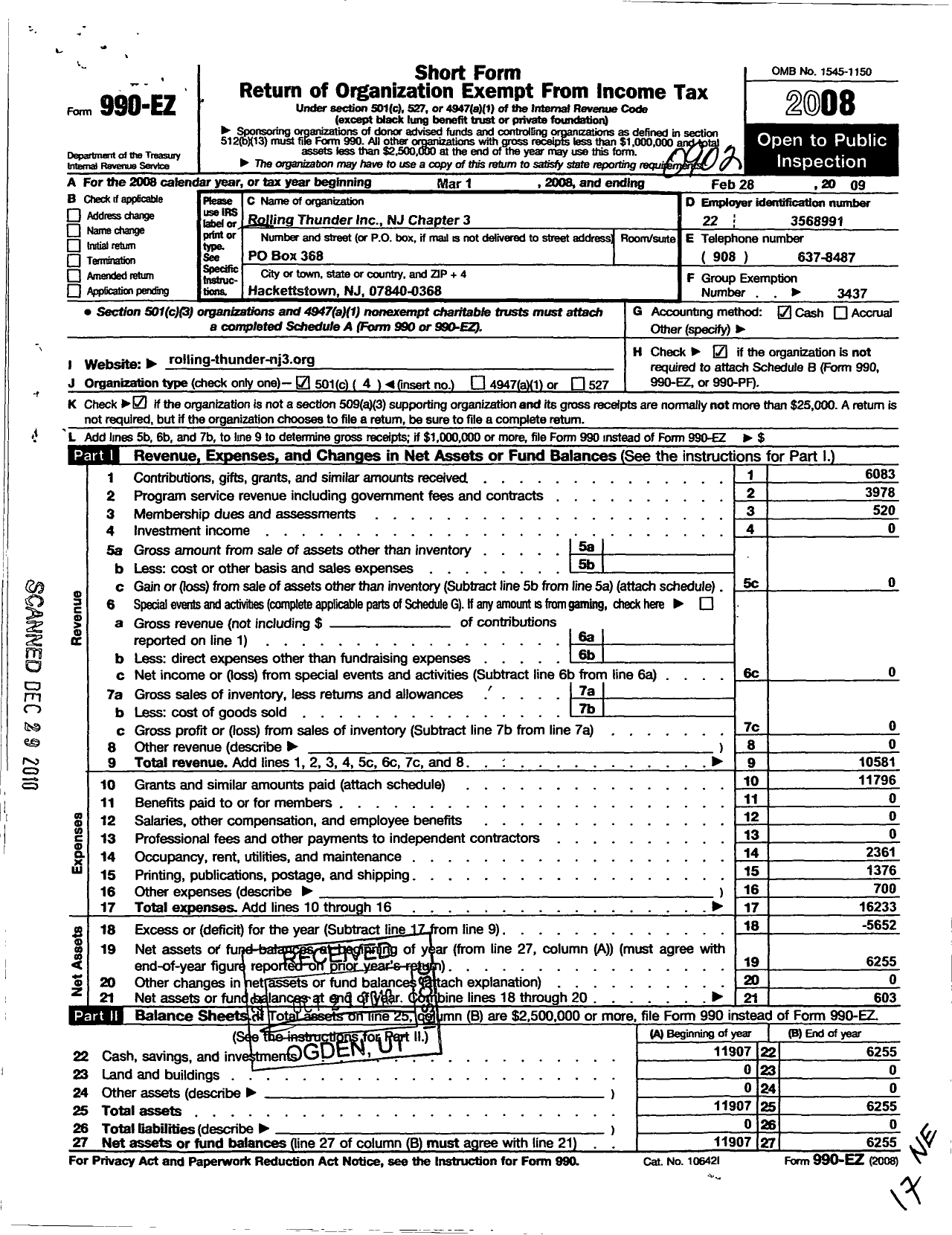 Image of first page of 2008 Form 990EO for Rolling Thunder - R T Chap 3 NJ