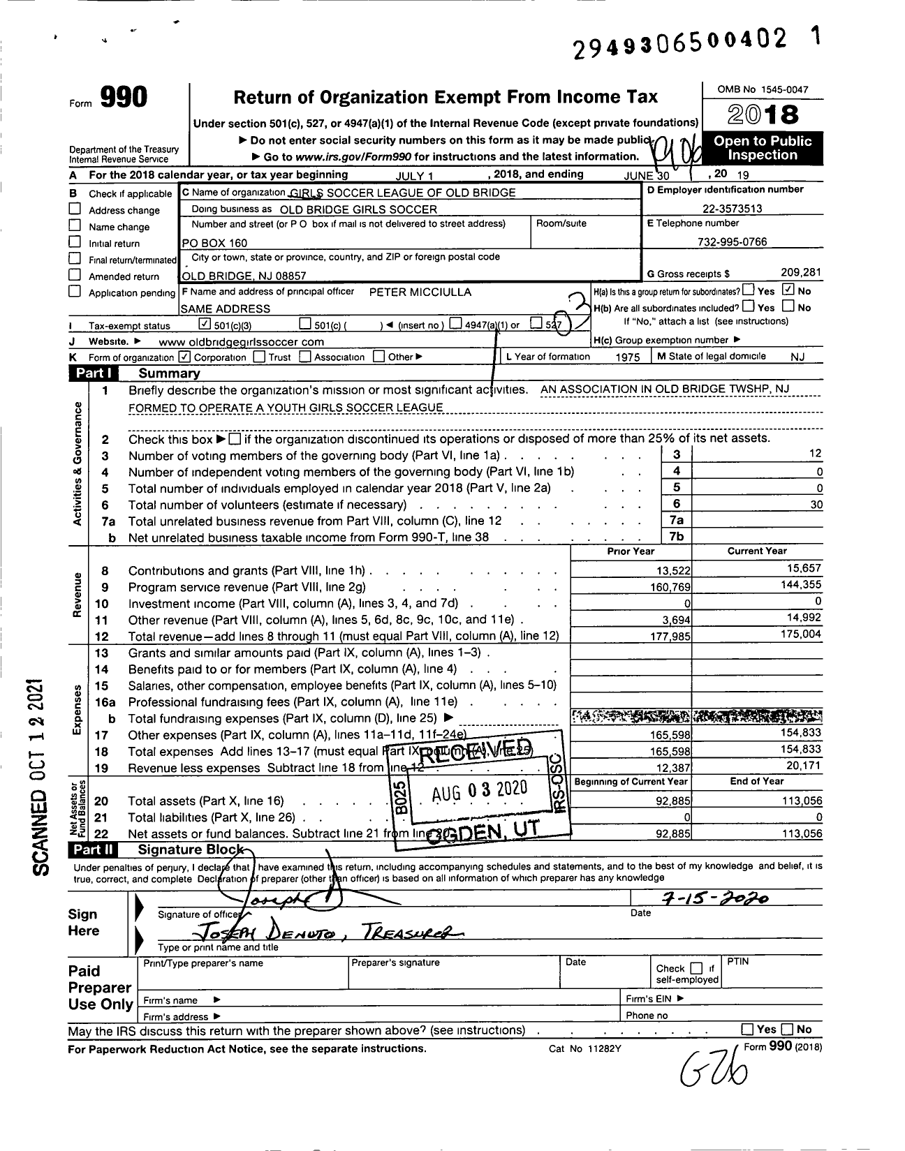 Image of first page of 2018 Form 990 for Girls Soccer League of Old Bridge