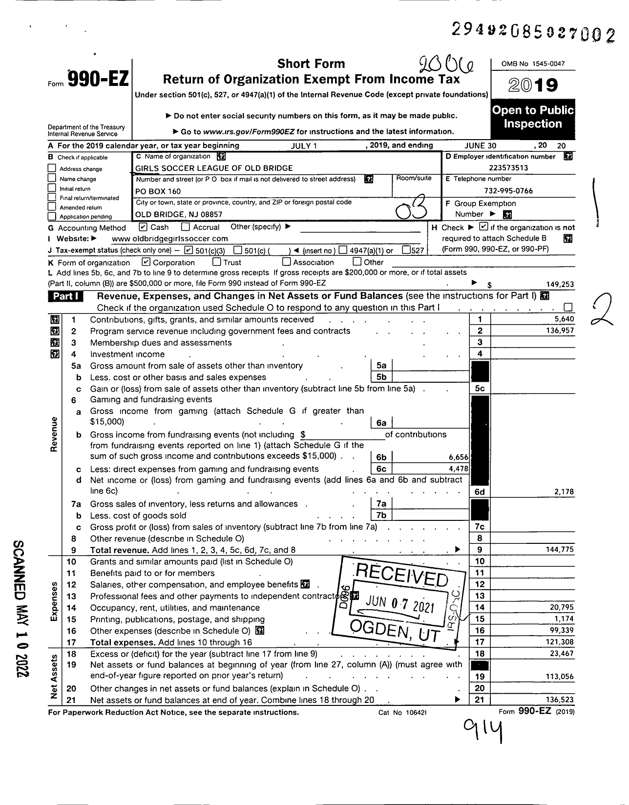 Image of first page of 2019 Form 990EZ for Girls Soccer League of Old Bridge