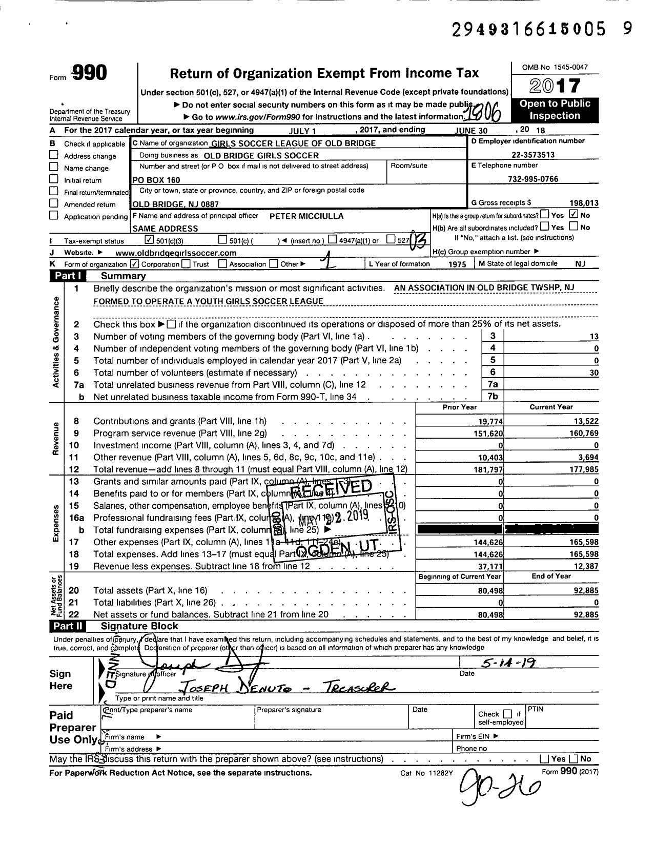 Image of first page of 2017 Form 990 for Girls Soccer League of Old Bridge