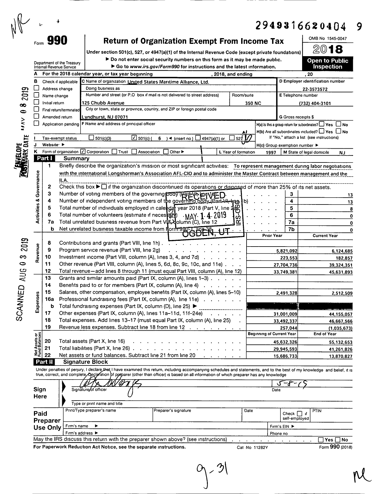 Image of first page of 2018 Form 990O for United States Maritime Association (USMX)