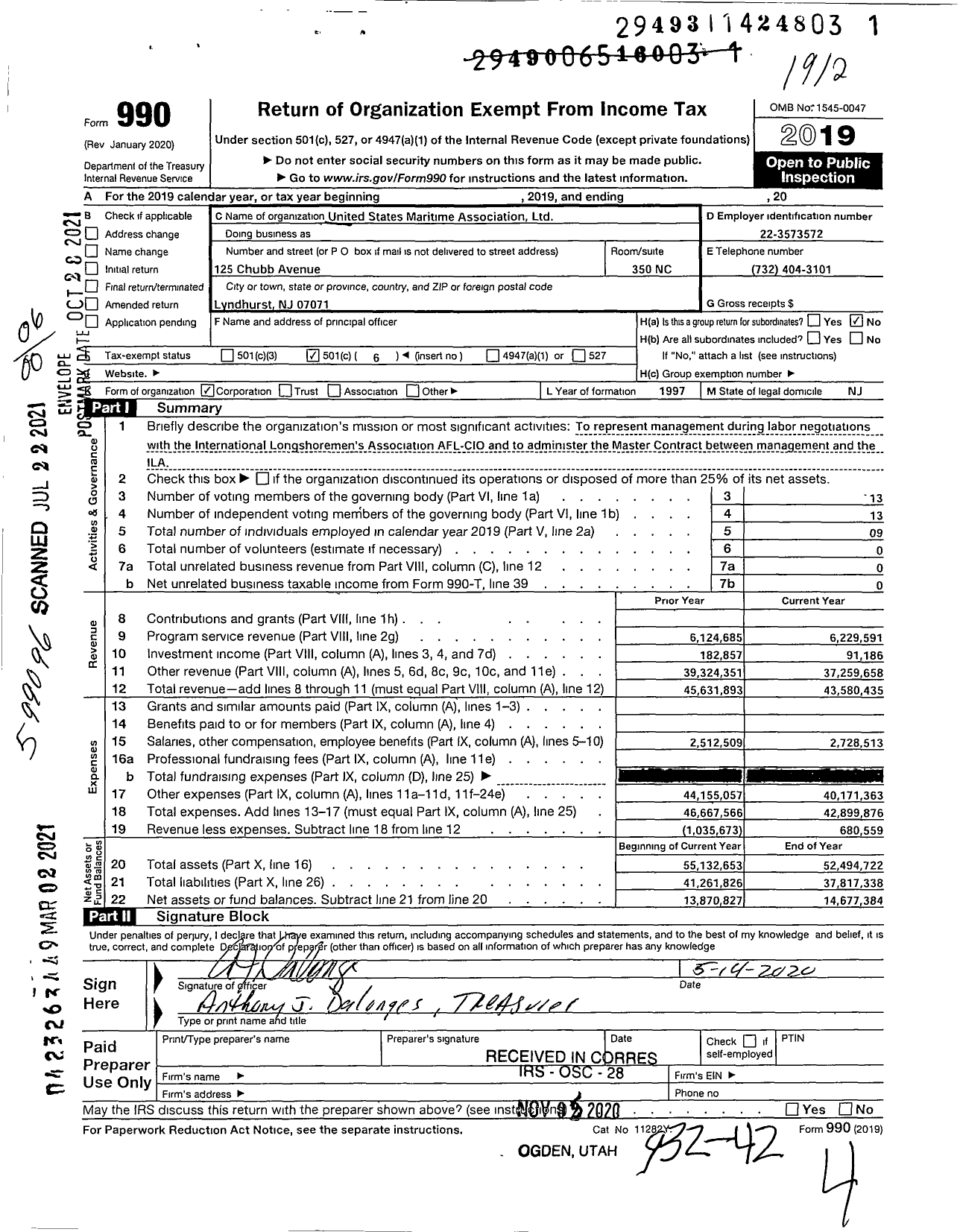 Image of first page of 2019 Form 990O for United States Maritime Association (USMX)